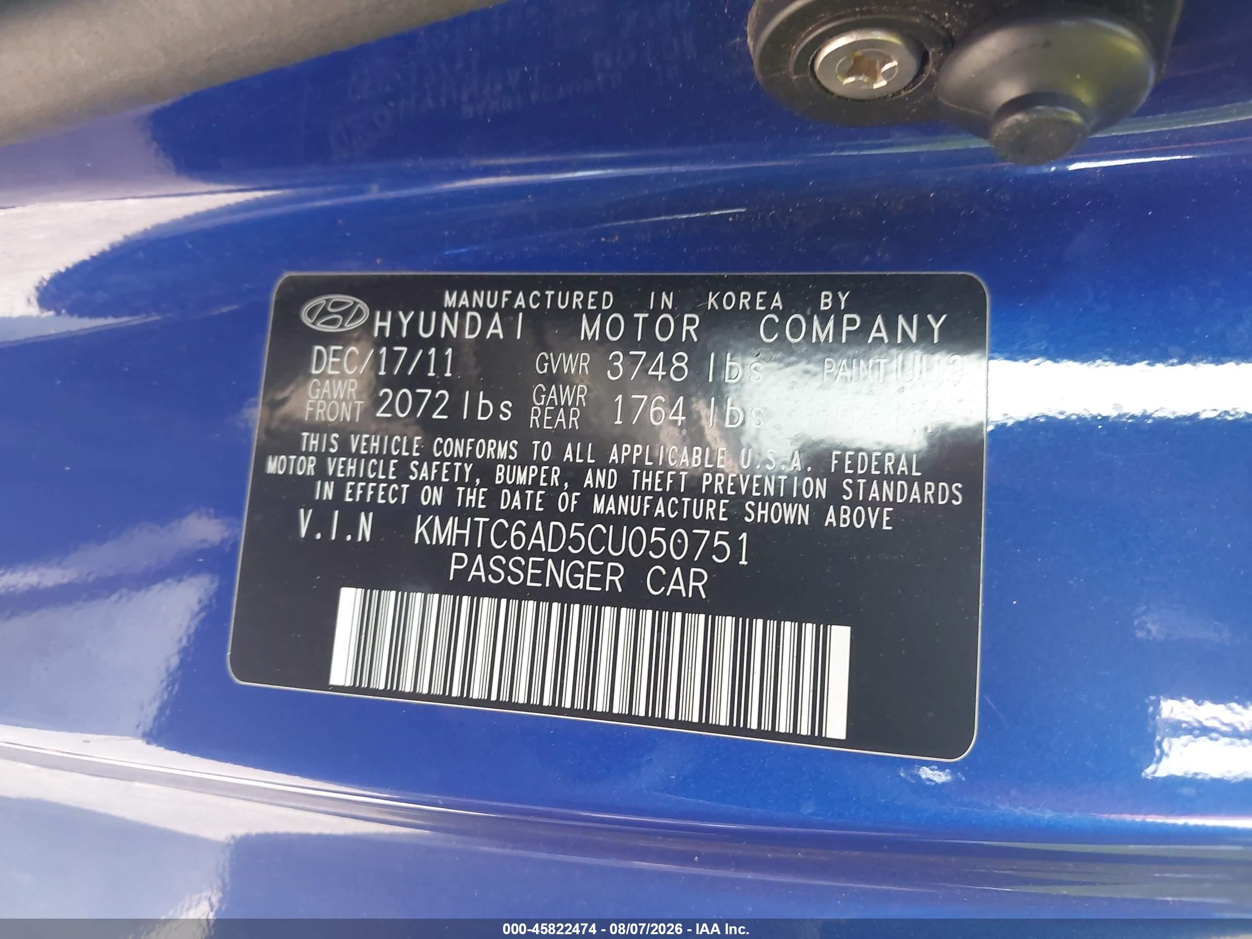 2012 Hyundai Veloster Base W/gray Black vin: KMHTC6AD5CU050751