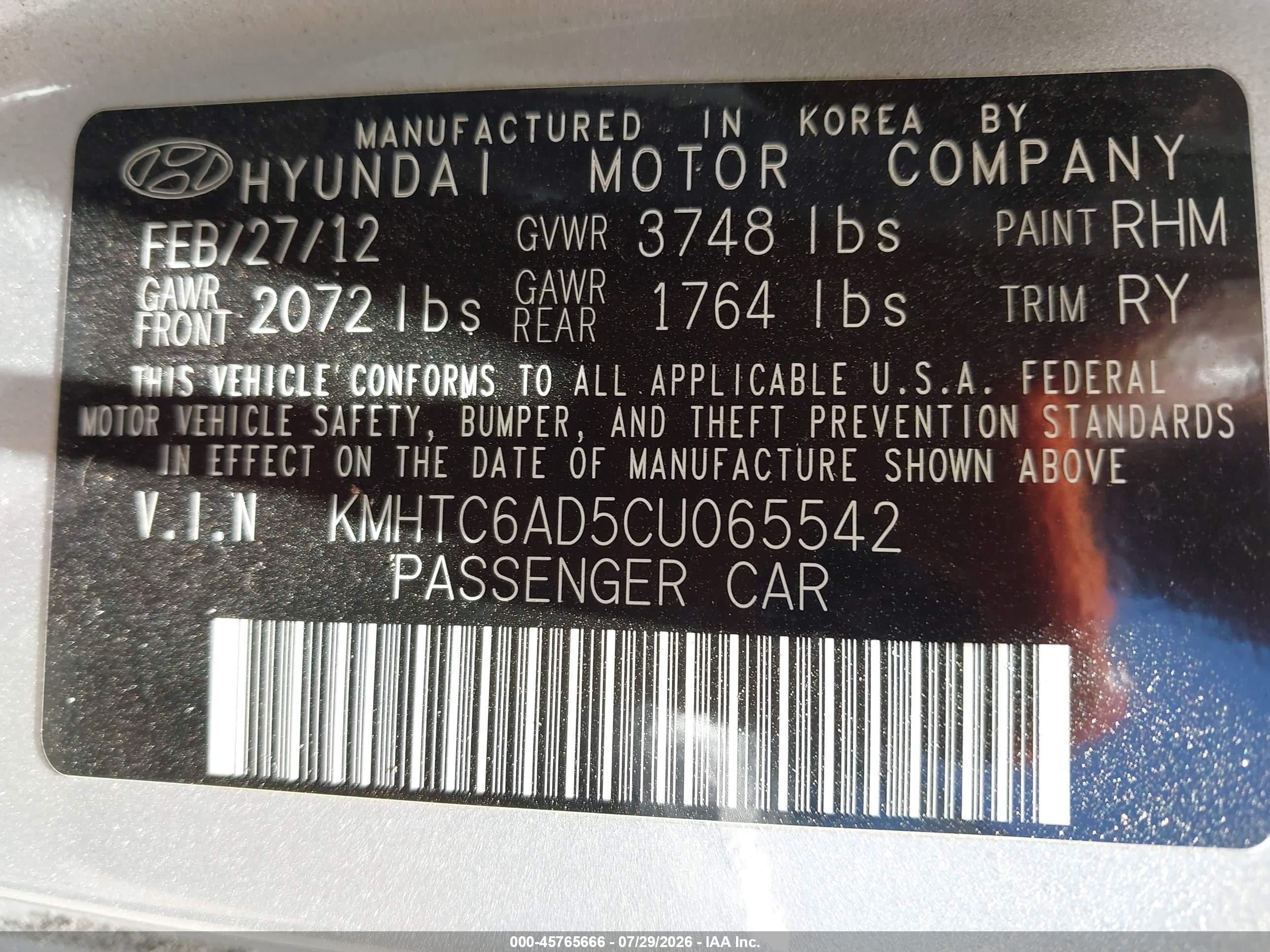 2012 Hyundai Veloster Base W/black Silver vin: KMHTC6AD5CU065542