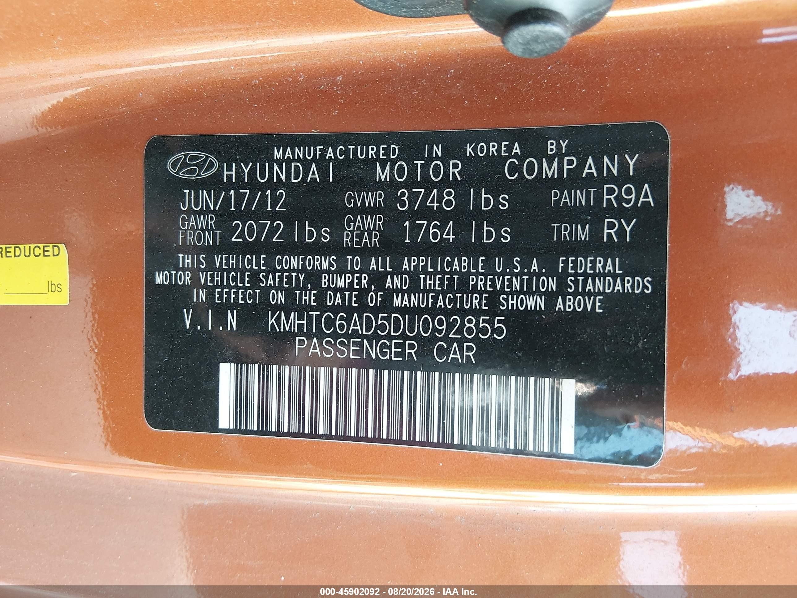 2013 Hyundai Veloster Base W/black Orange vin: KMHTC6AD5DU092855
