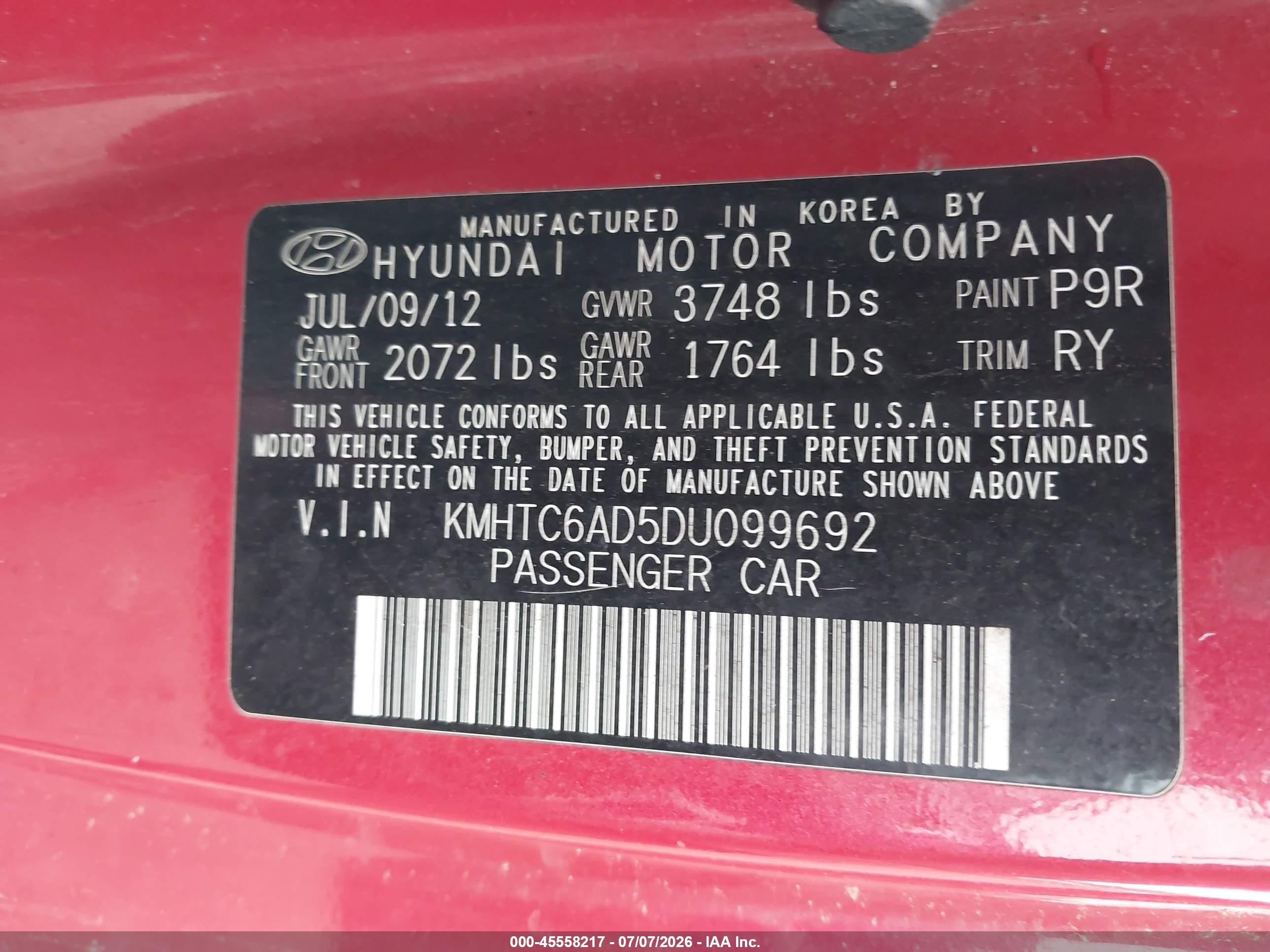 2013 Hyundai Veloster Base W/gray Red vin: KMHTC6AD5DU099692