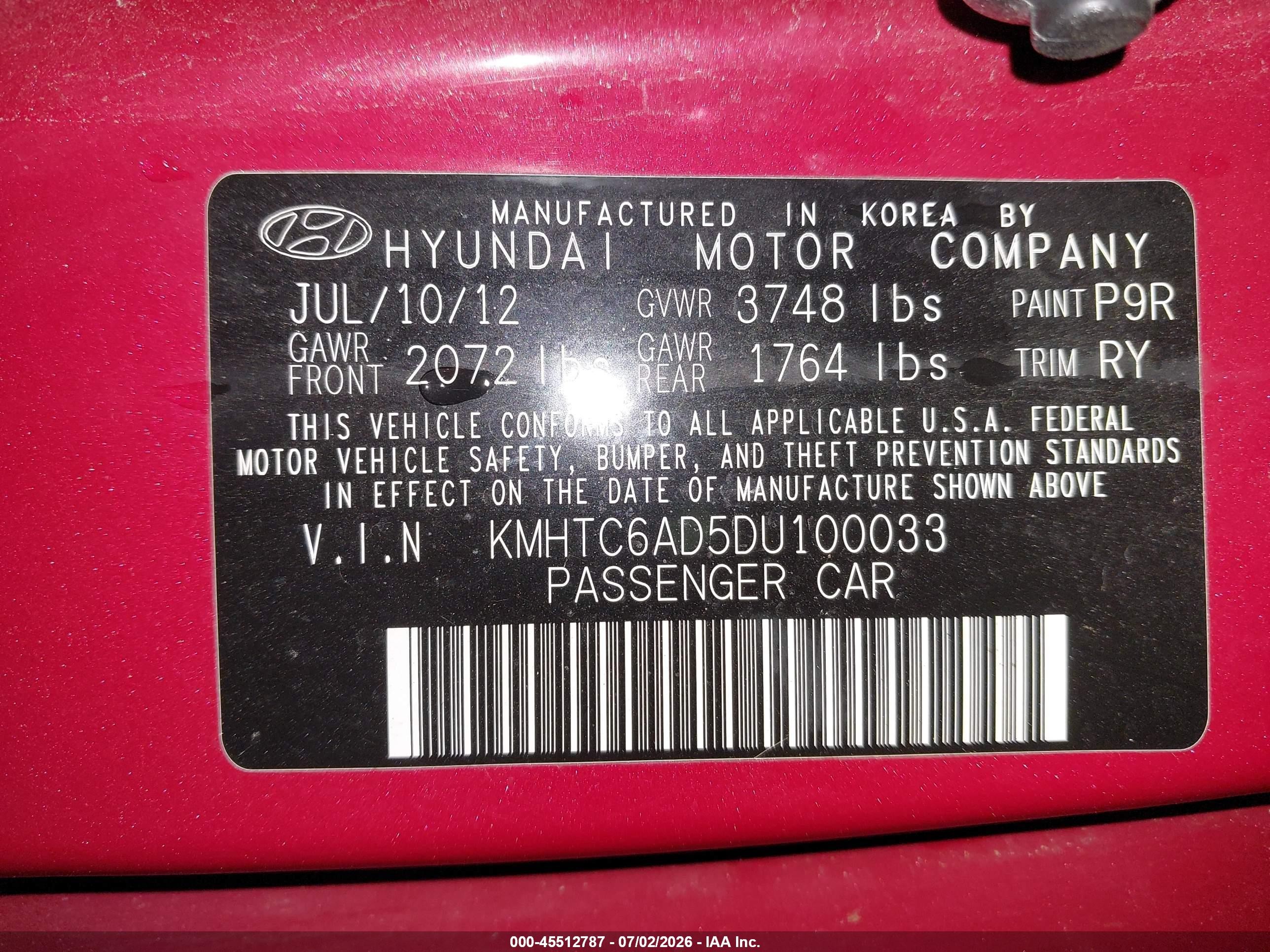 2013 Hyundai Veloster Base W/black Red vin: KMHTC6AD5DU100033