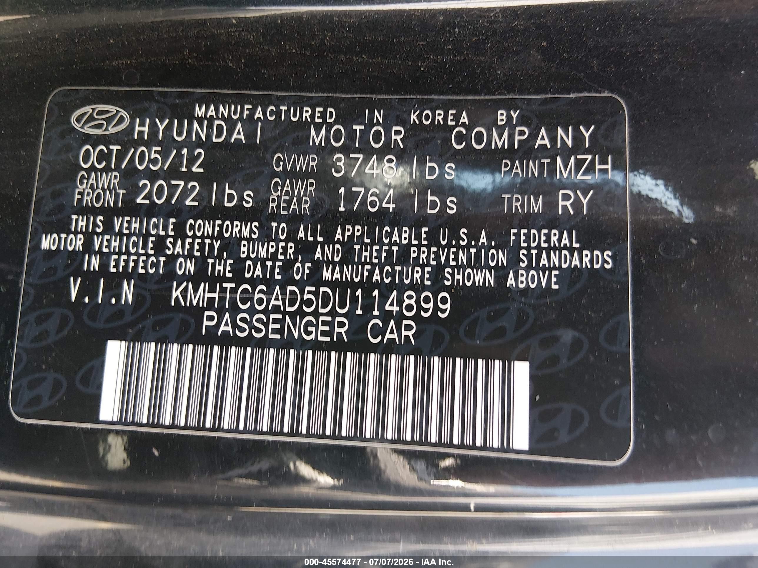 2013 Hyundai Veloster Base W/gray Black vin: KMHTC6AD5DU114899