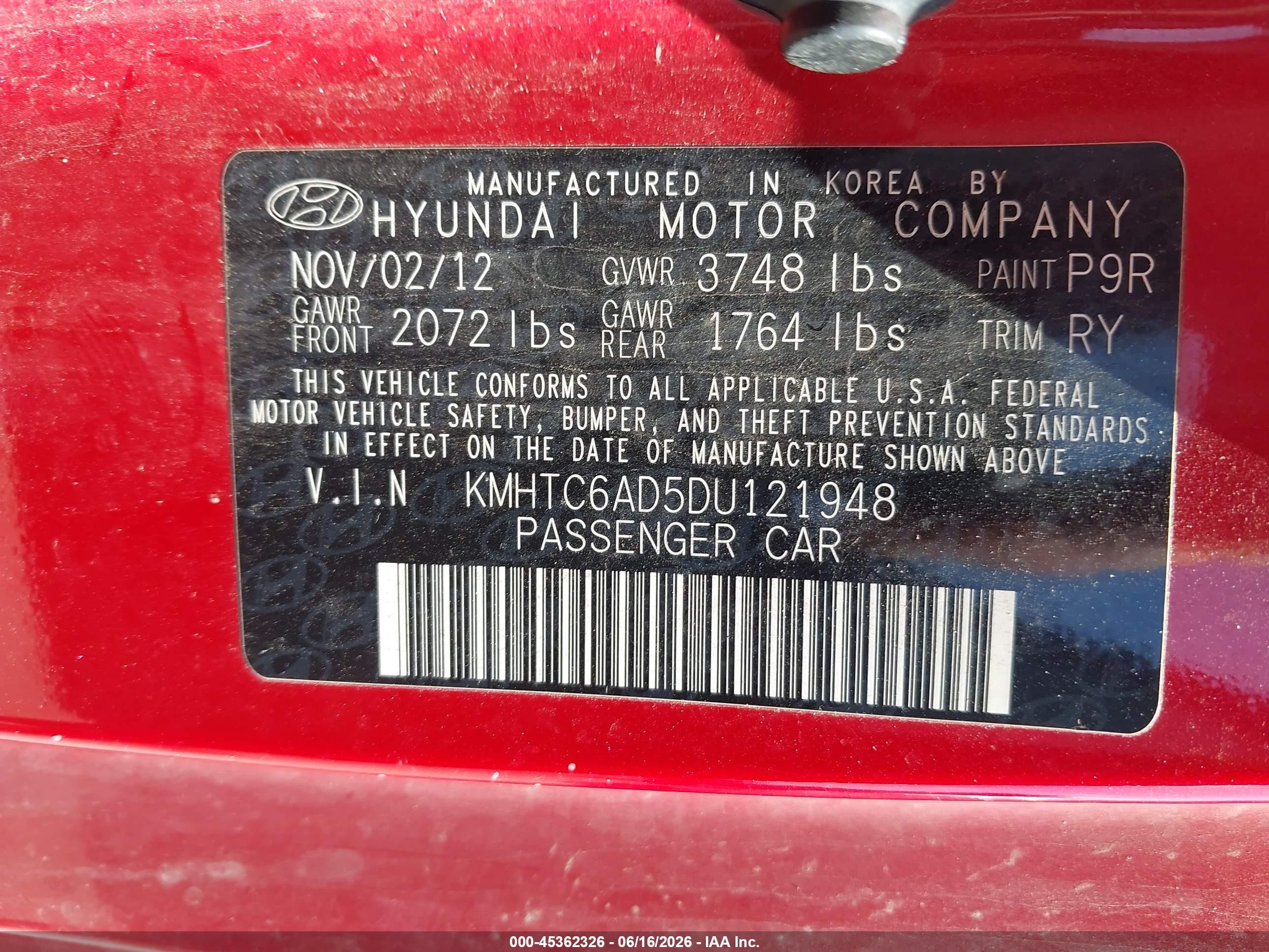 2013 Hyundai Veloster Base W/gray Red vin: KMHTC6AD5DU121948