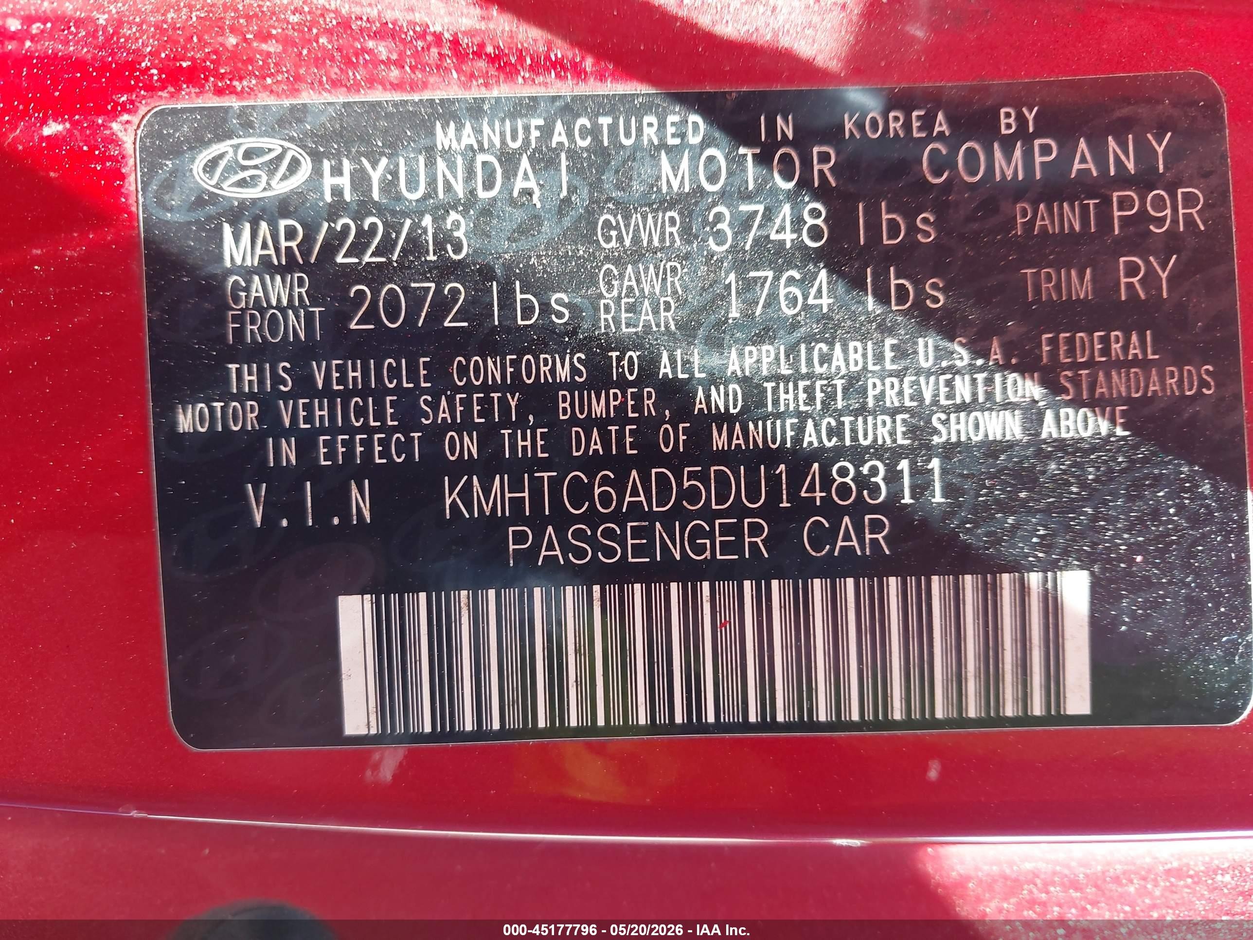 2013 Hyundai Veloster Base W/gray Red vin: KMHTC6AD5DU148311