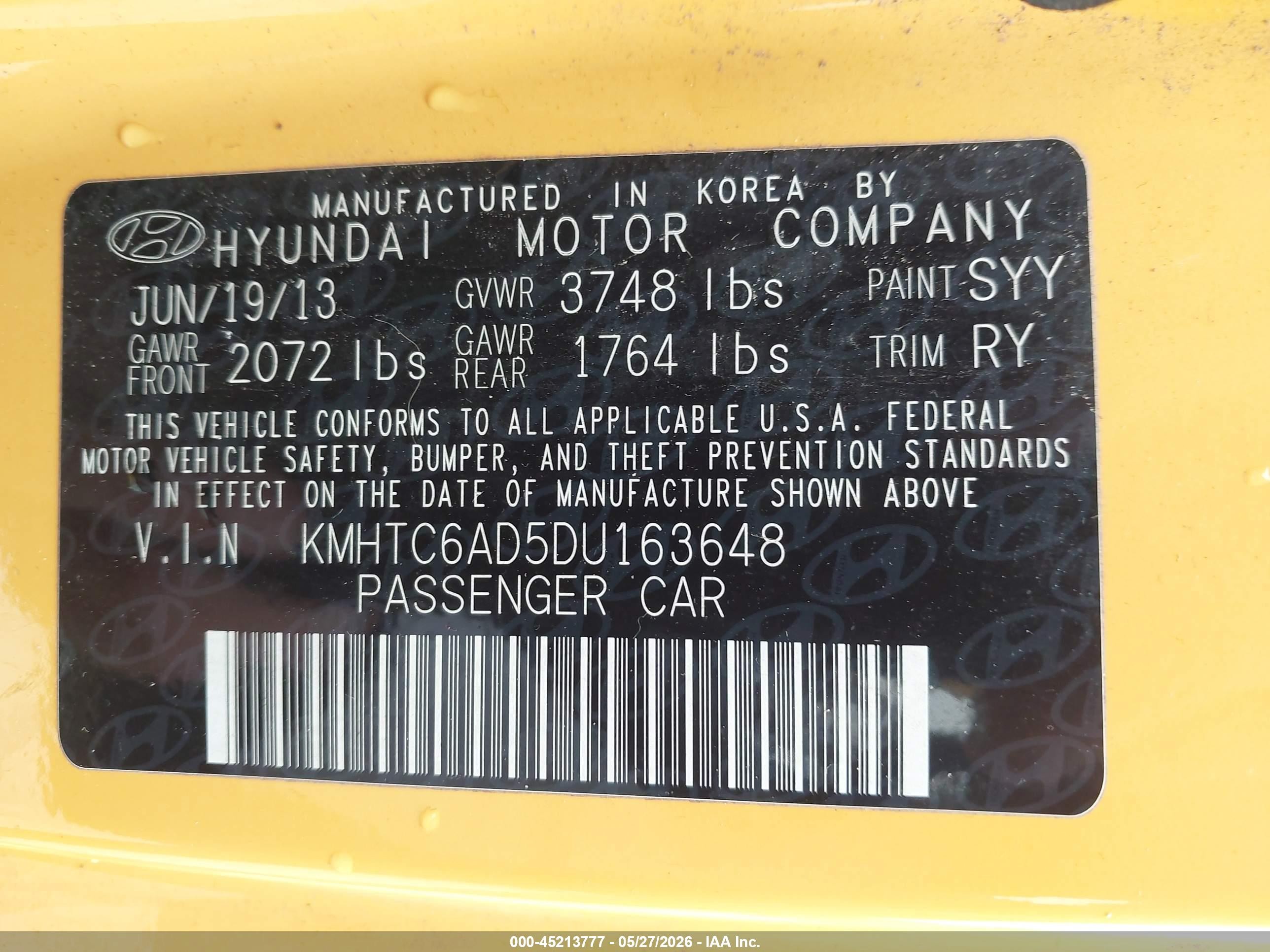 2013 Hyundai Veloster Base W/black Yellow vin: KMHTC6AD5DU163648