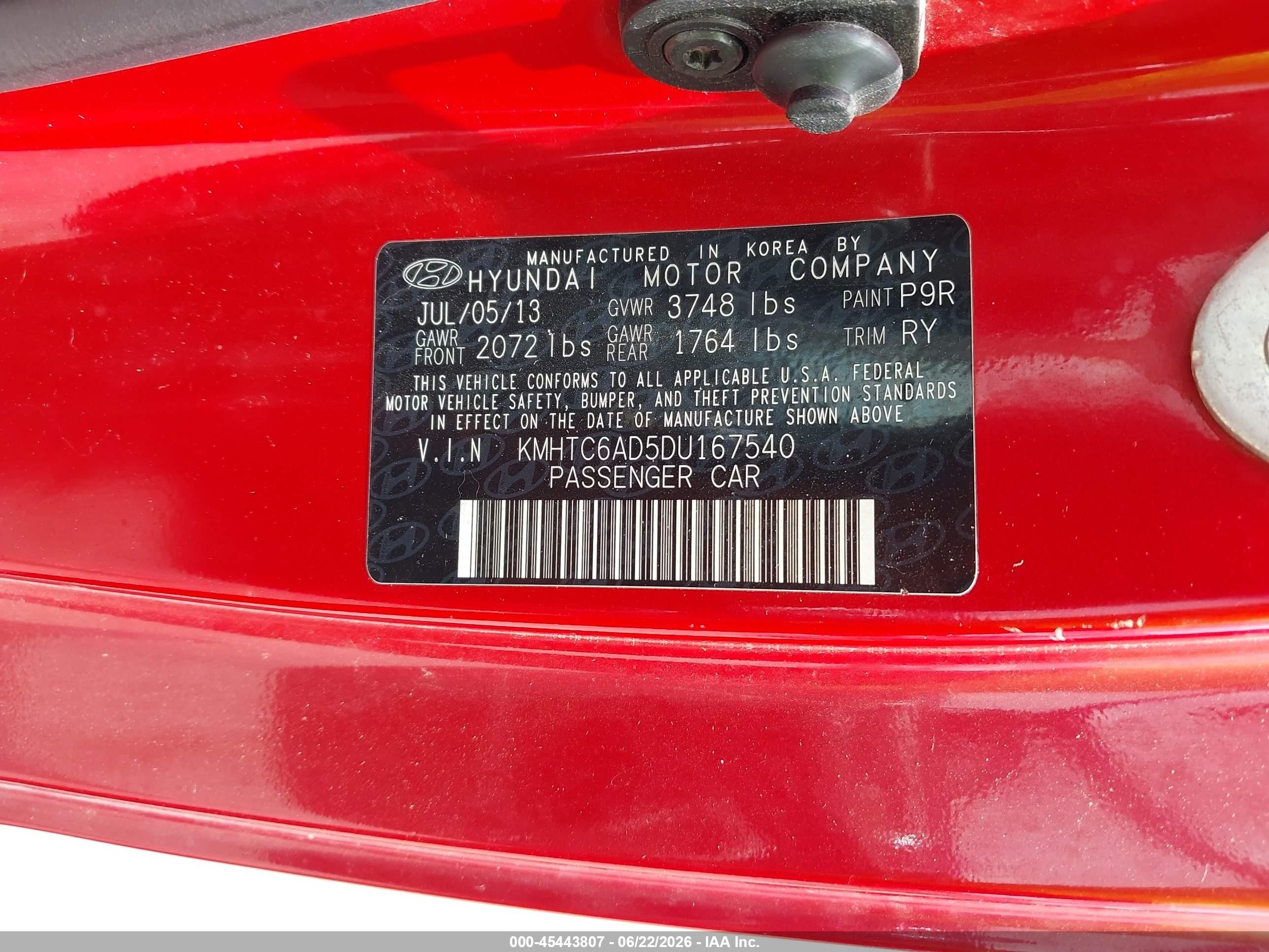 2013 Hyundai Veloster Base W/black Red vin: KMHTC6AD5DU167540