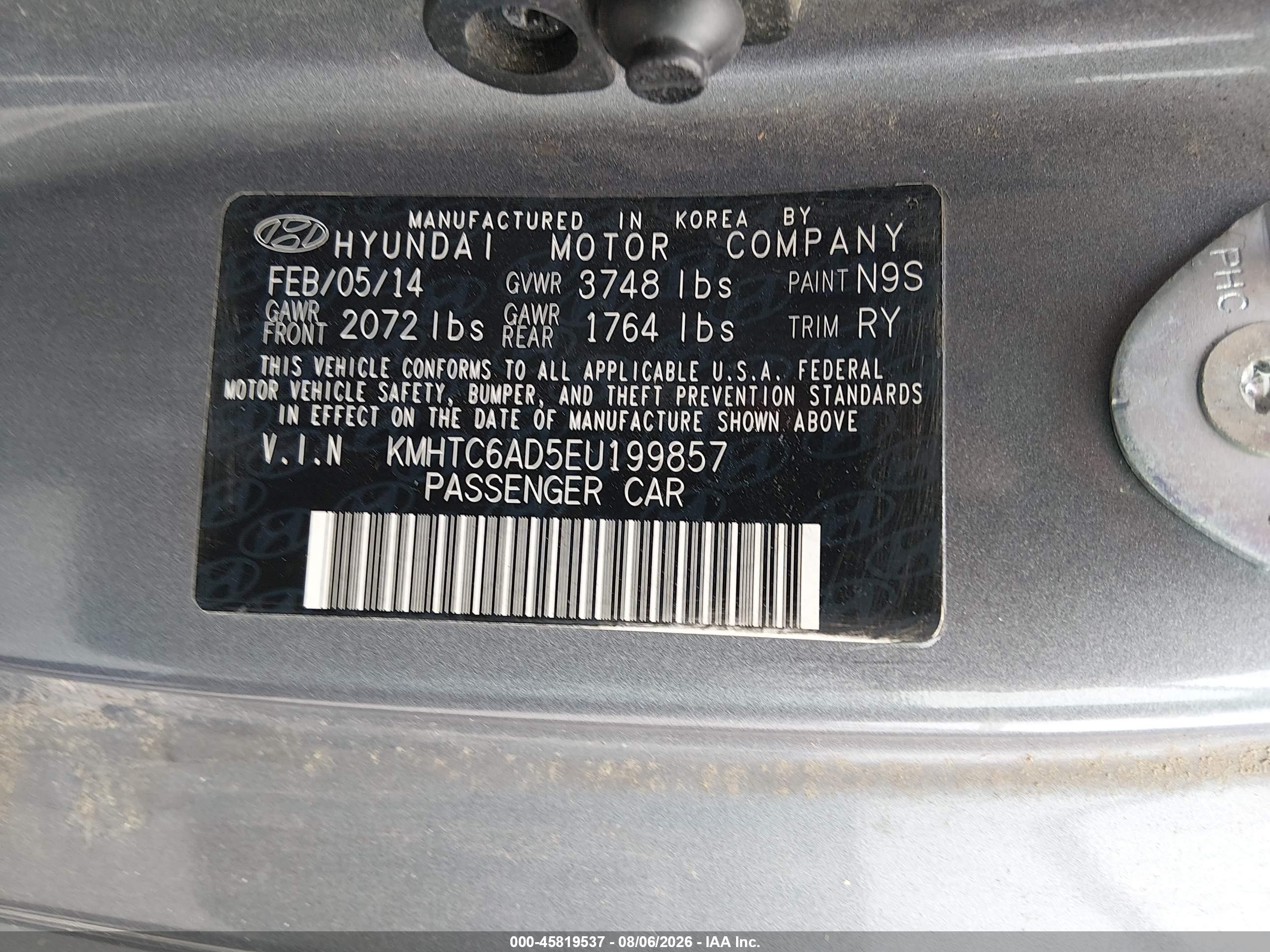 2014 Hyundai Veloster Base W/black Gray vin: KMHTC6AD5EU199857