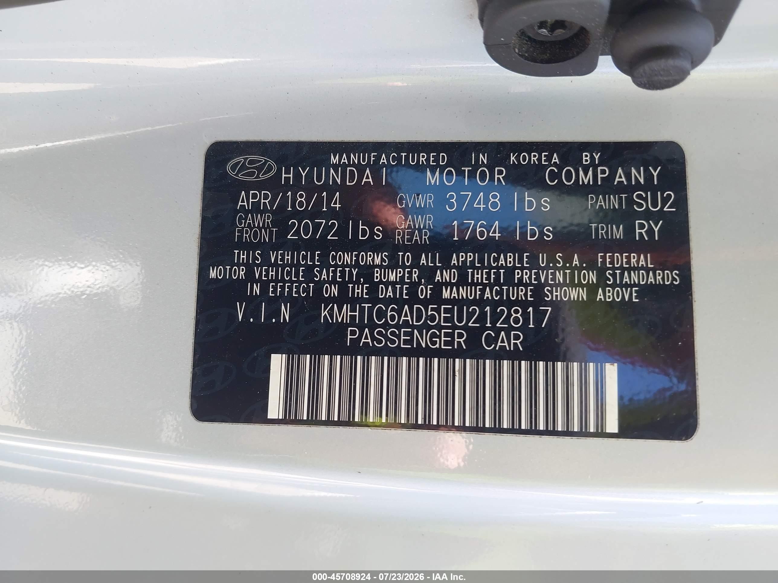 2014 Hyundai Veloster Flex W/black Light Blue vin: KMHTC6AD5EU212817