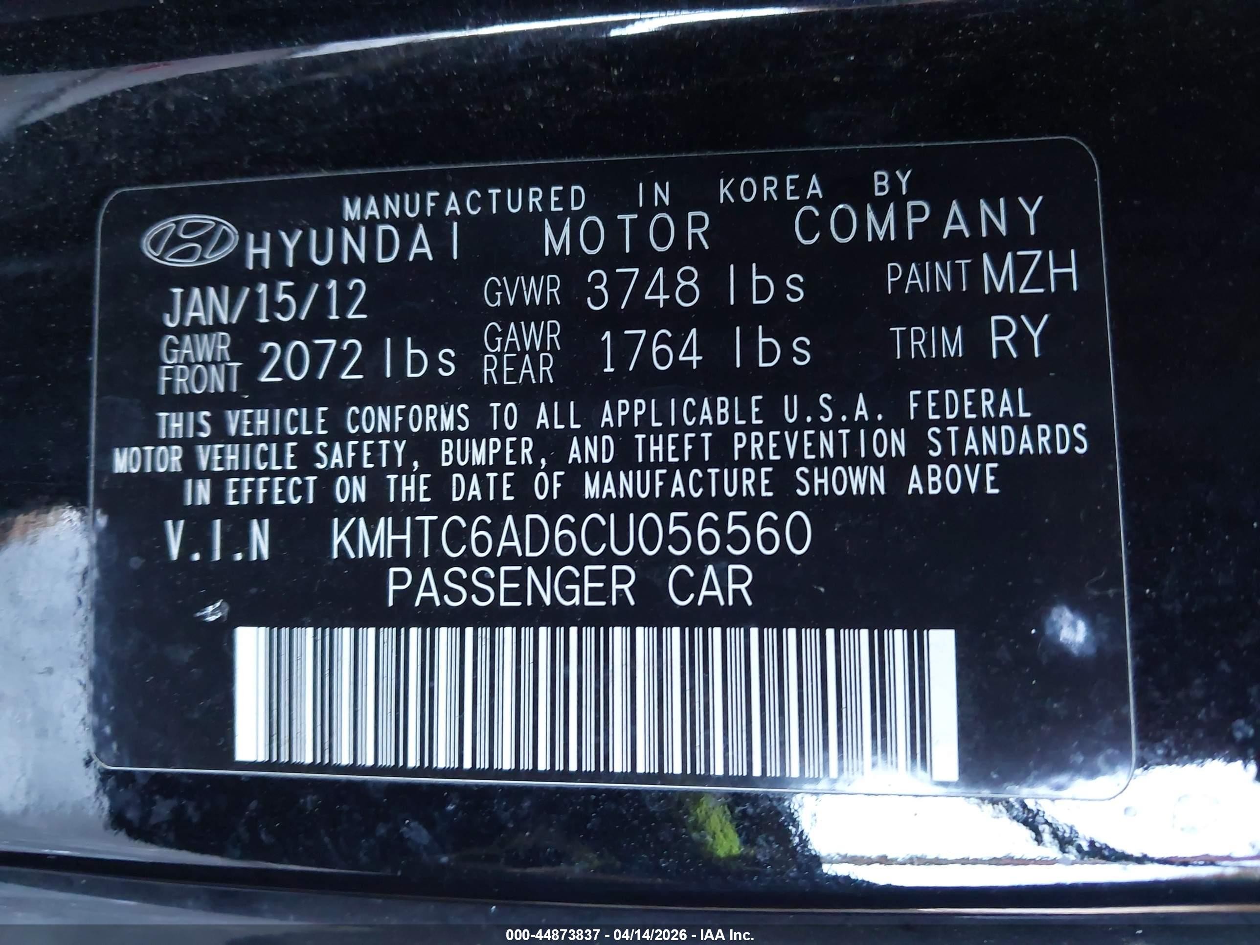 2012 Hyundai Veloster Base W/gray Black vin: KMHTC6AD6CU056560