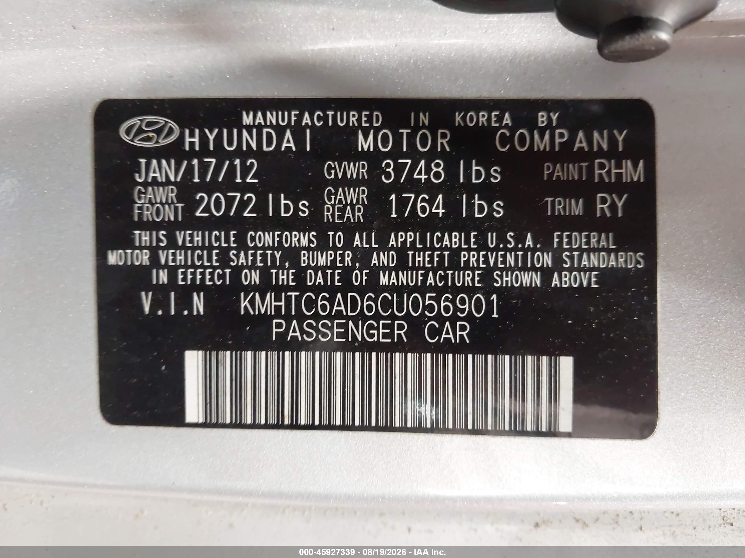 2012 Hyundai Veloster Base W/gray Silver vin: KMHTC6AD6CU056901