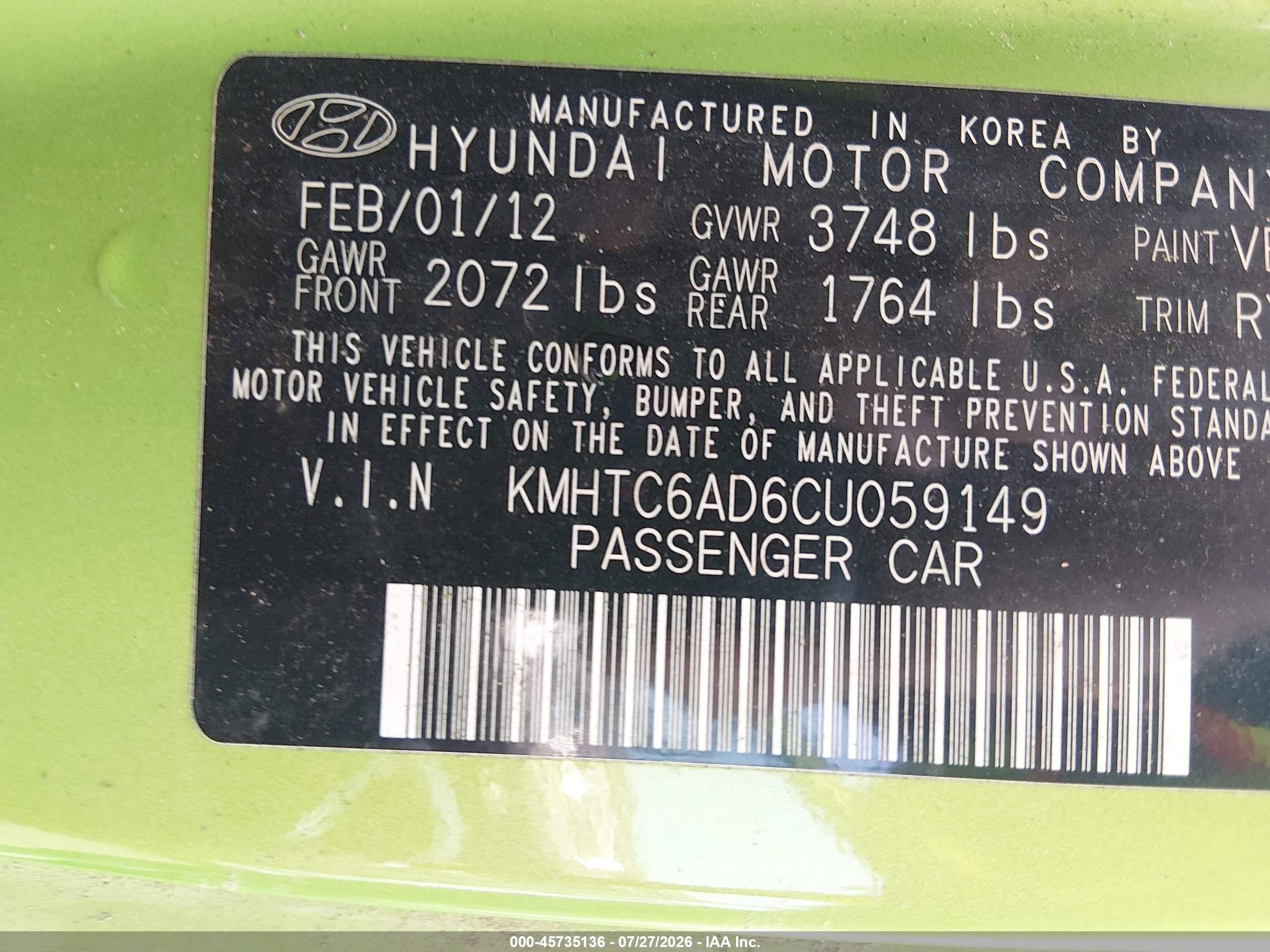 2012 Hyundai Veloster Base W/black Green vin: KMHTC6AD6CU059149