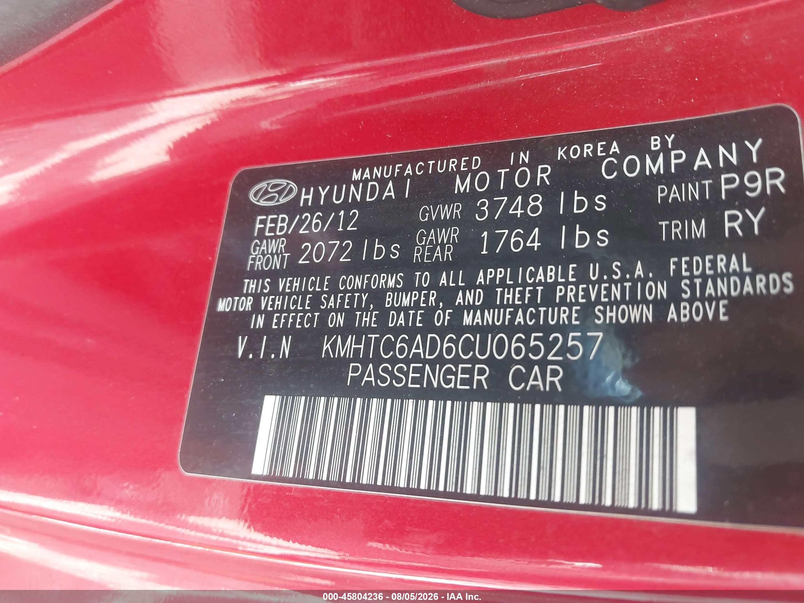 2012 Hyundai Veloster Base W/red/black Red vin: KMHTC6AD6CU065257