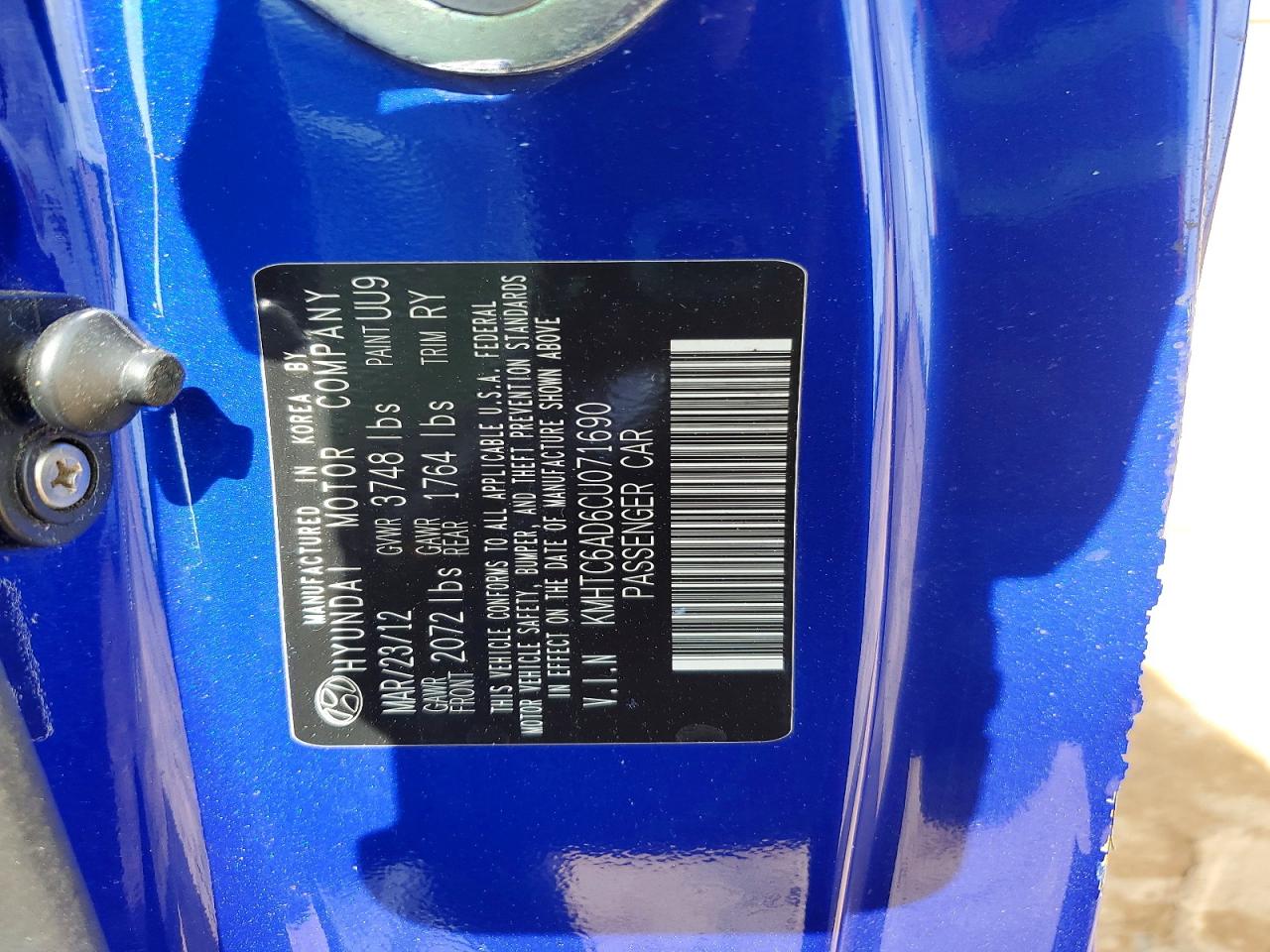 2012 Hyundai Veloster Base Blue vin: KMHTC6AD6CU071690