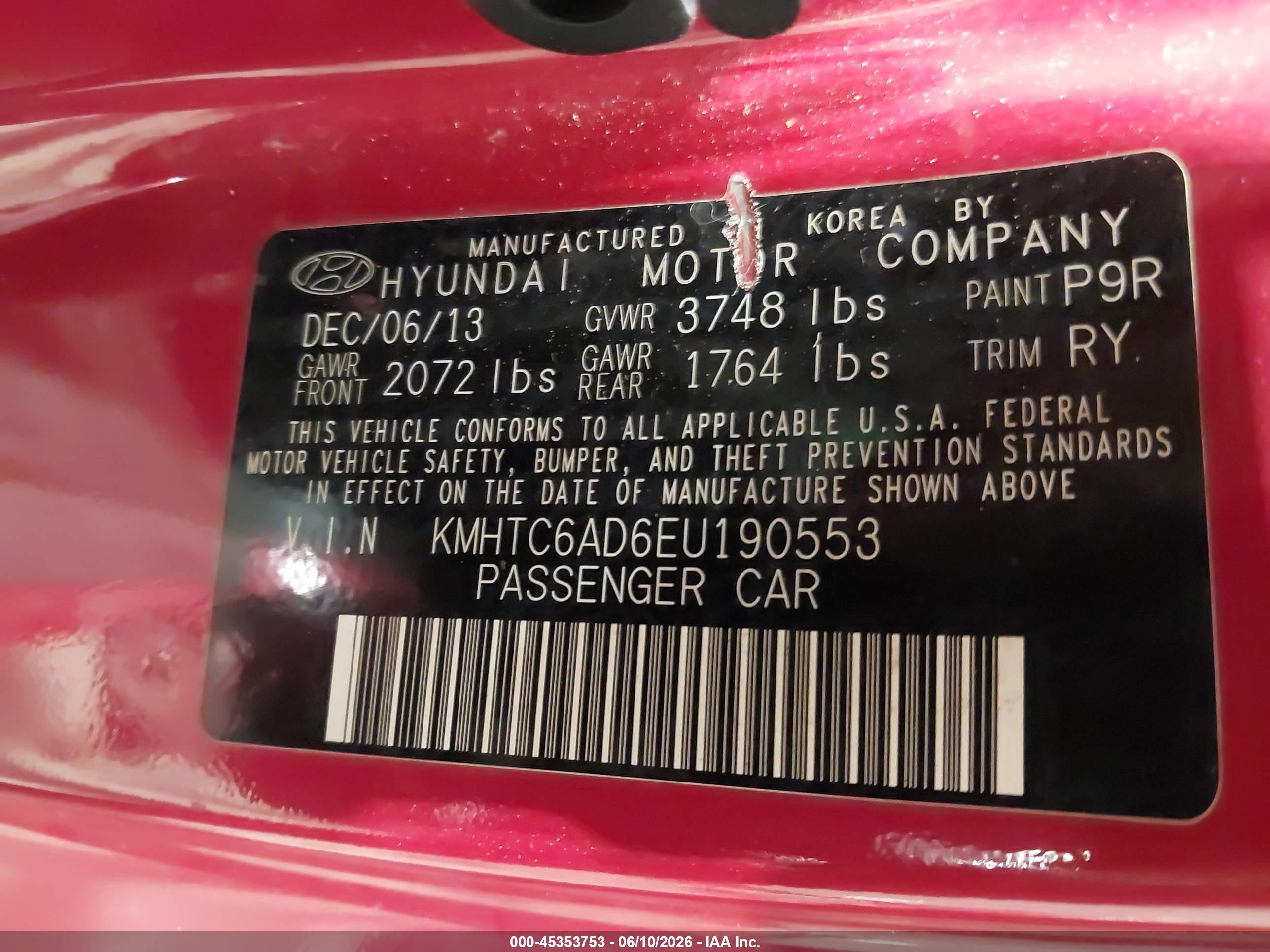 2014 Hyundai Veloster Base W/red Red vin: KMHTC6AD6EU190553