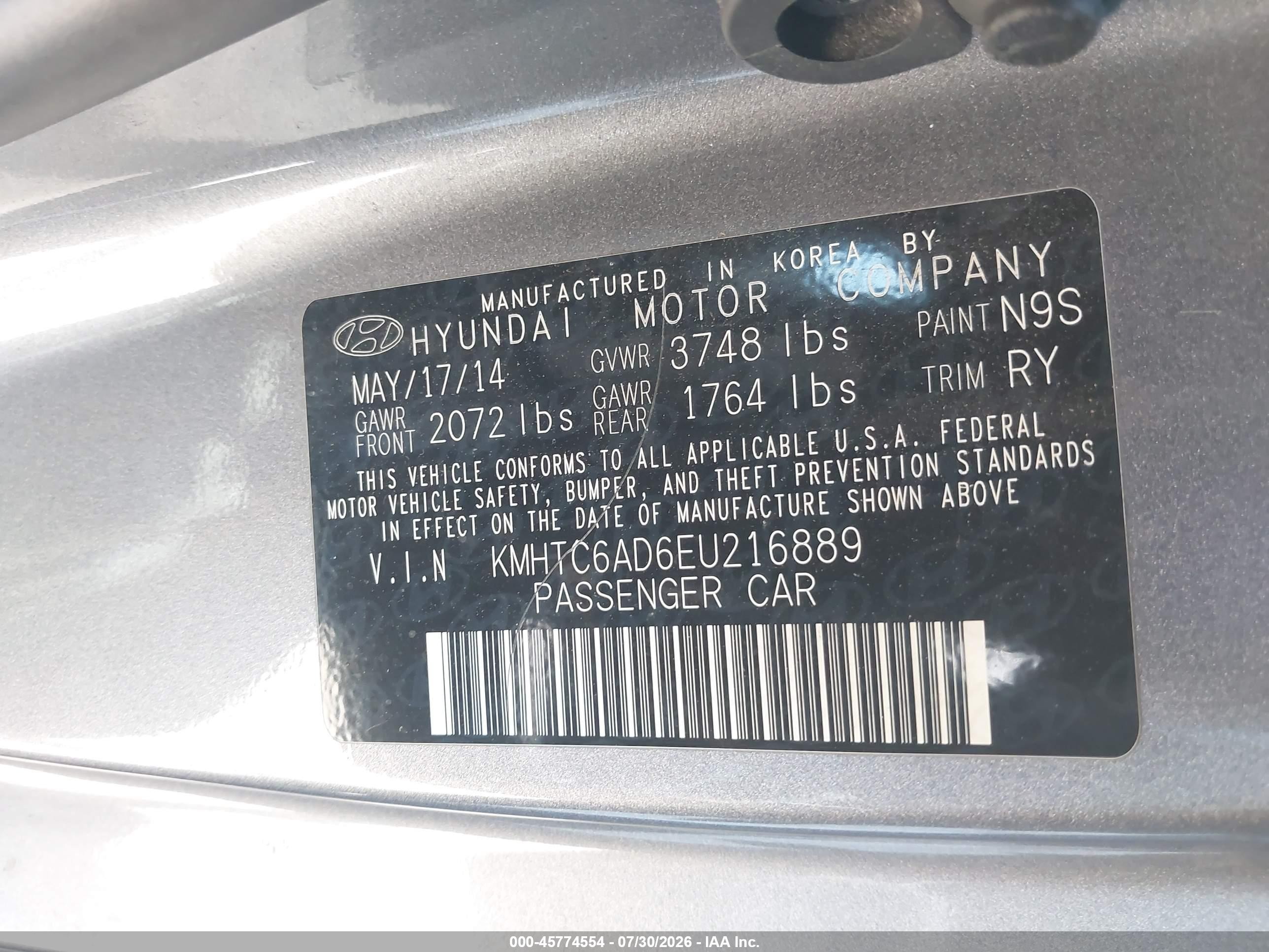 2014 Hyundai Veloster Base W/black Gray vin: KMHTC6AD6EU216889