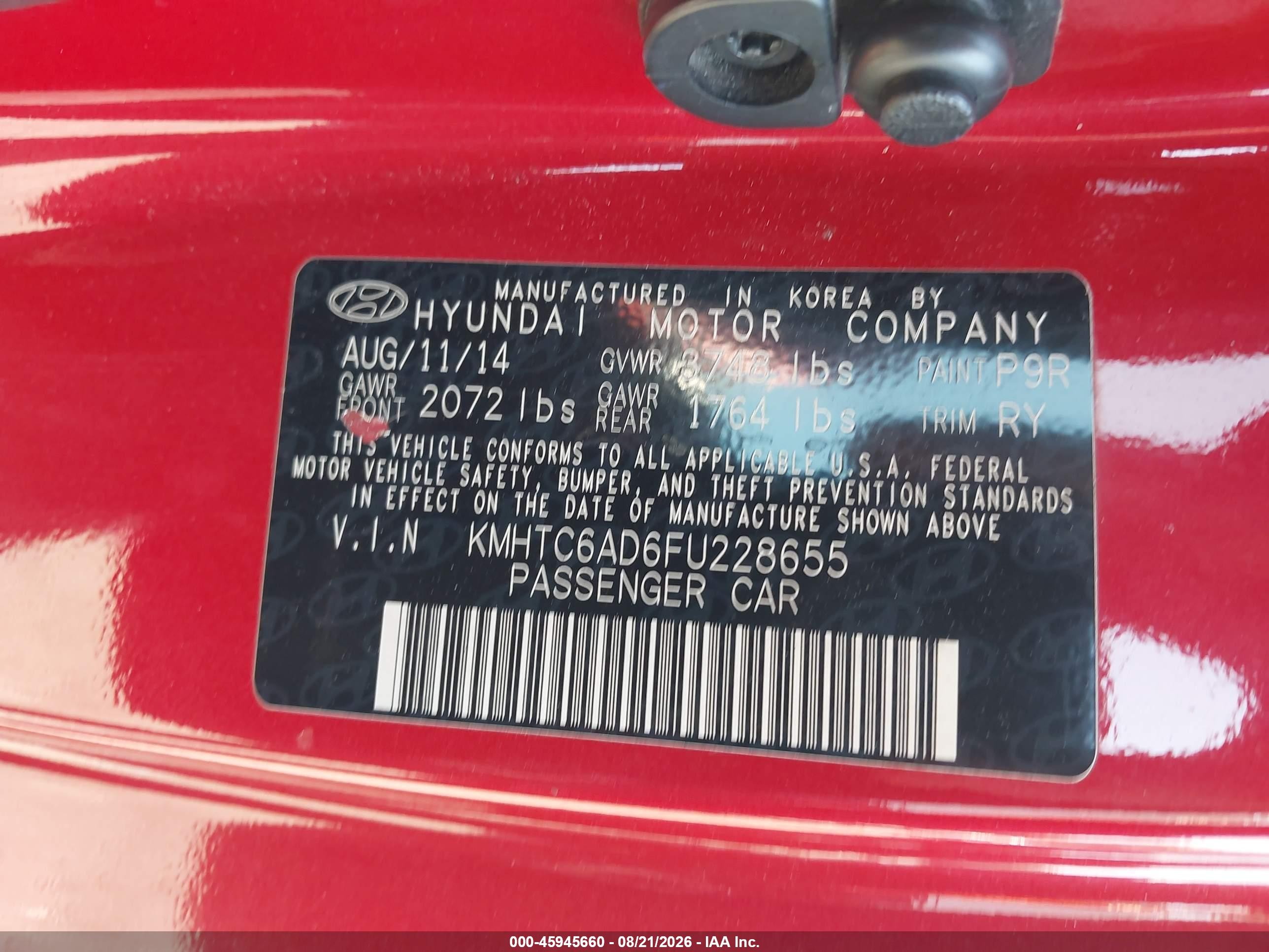 2015 Hyundai Veloster Flex Red vin: KMHTC6AD6FU228655