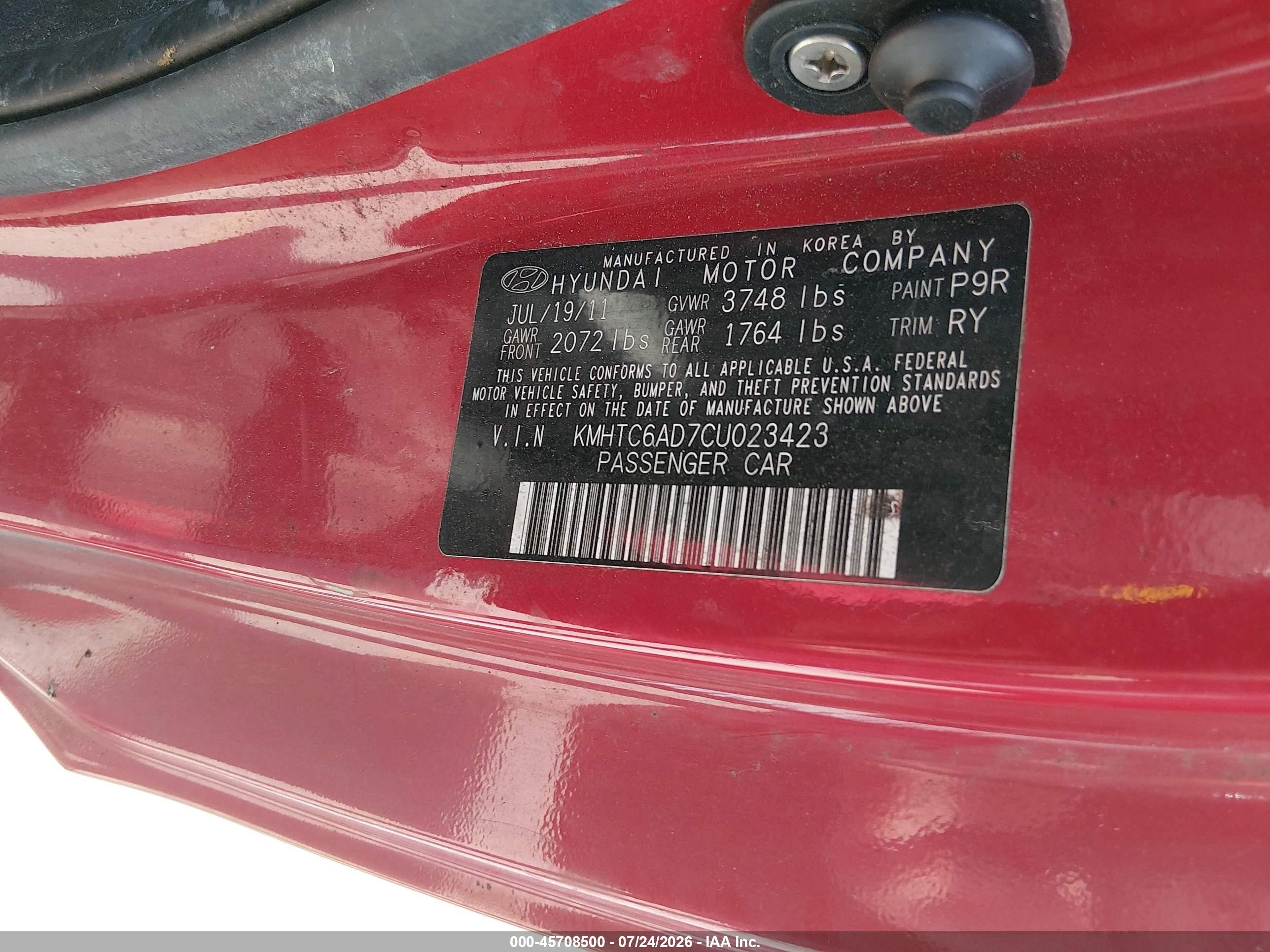 2012 Hyundai Veloster Base W/gray Red vin: KMHTC6AD7CU023423