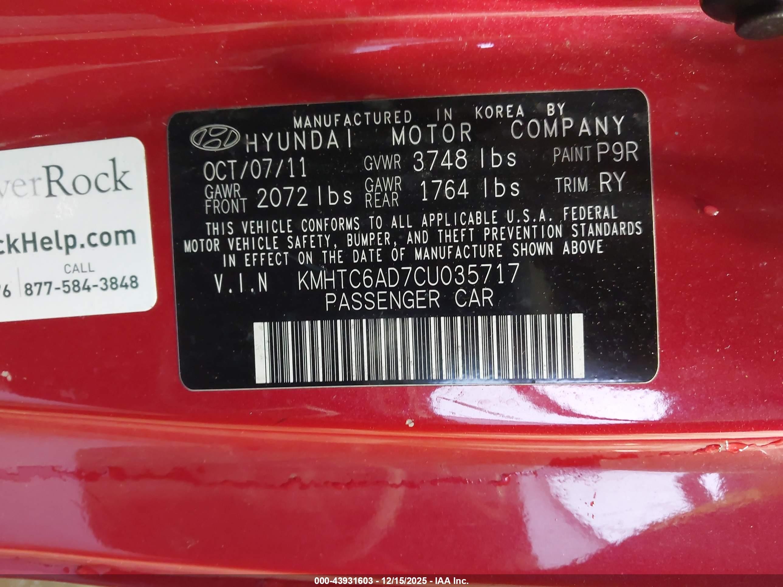 2012 Hyundai Veloster Base W/red/black Red vin: KMHTC6AD7CU035717