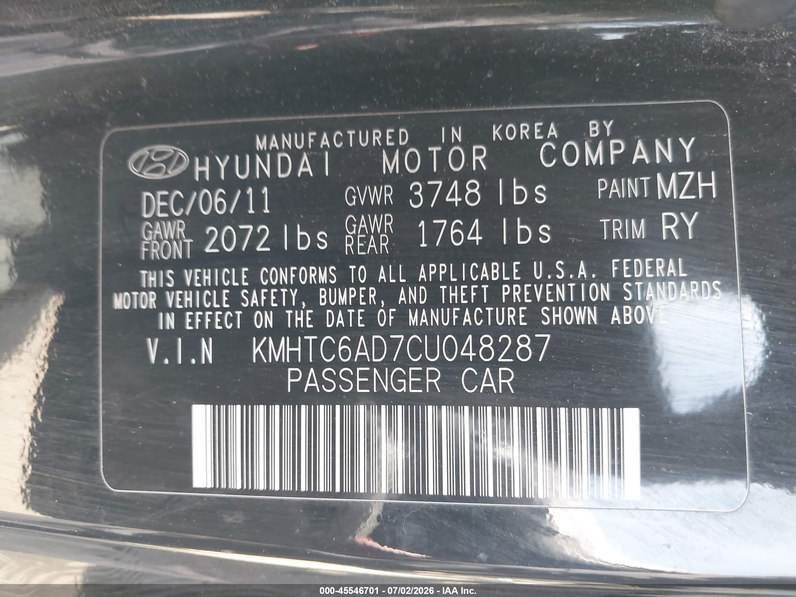 2012 Hyundai Veloster Base W/red/black Black vin: KMHTC6AD7CU048287