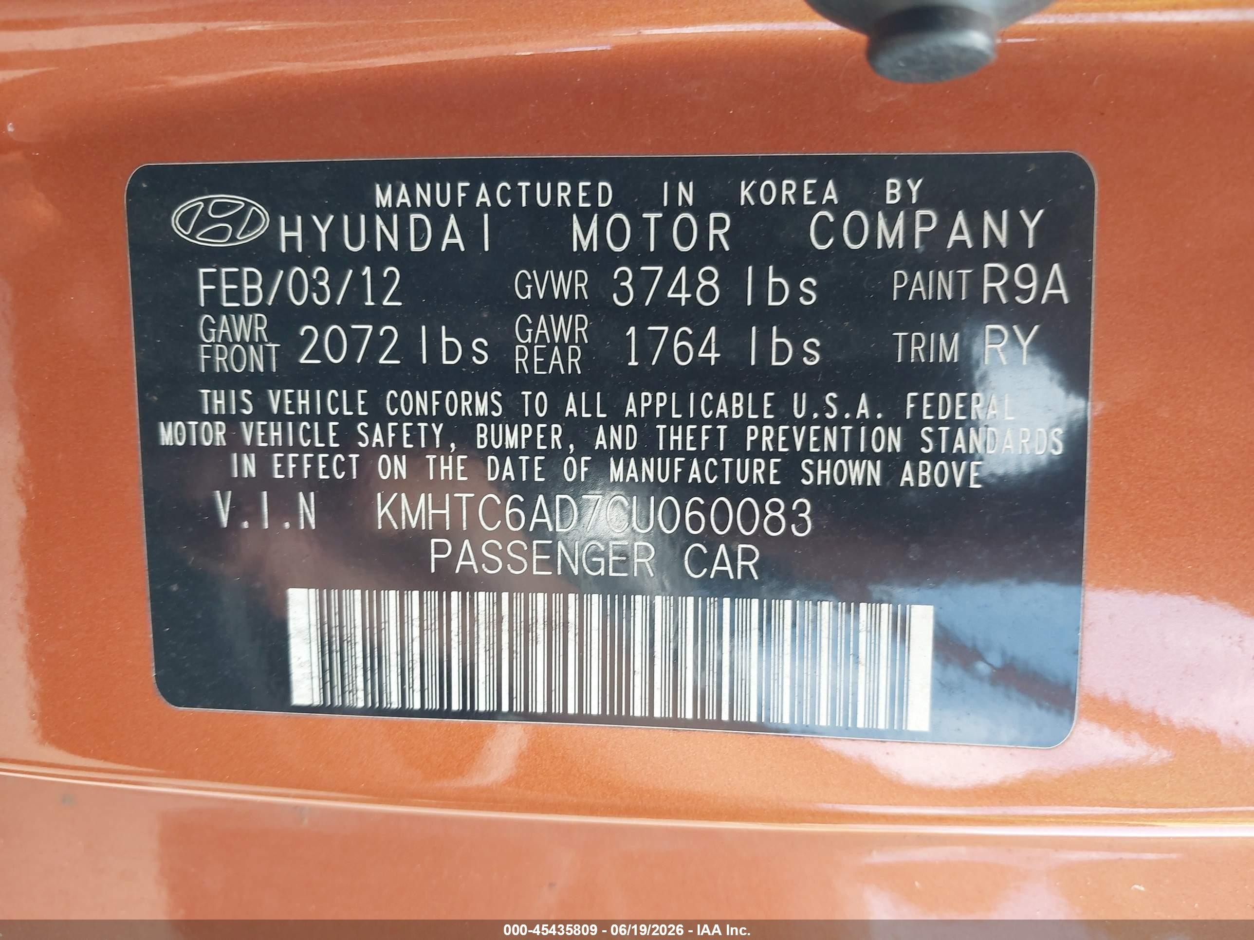 2012 Hyundai Veloster Base W/black Orange vin: KMHTC6AD7CU060083