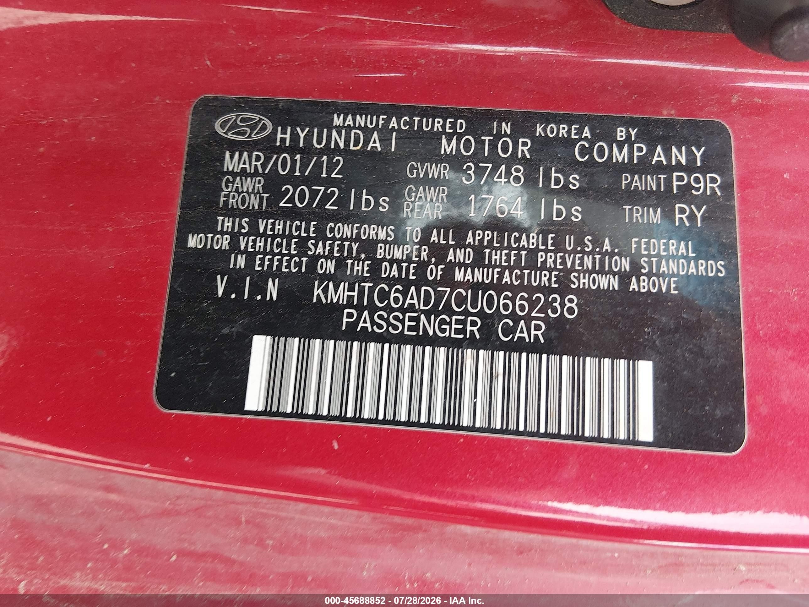 2012 Hyundai Veloster Base W/gray Red vin: KMHTC6AD7CU066238