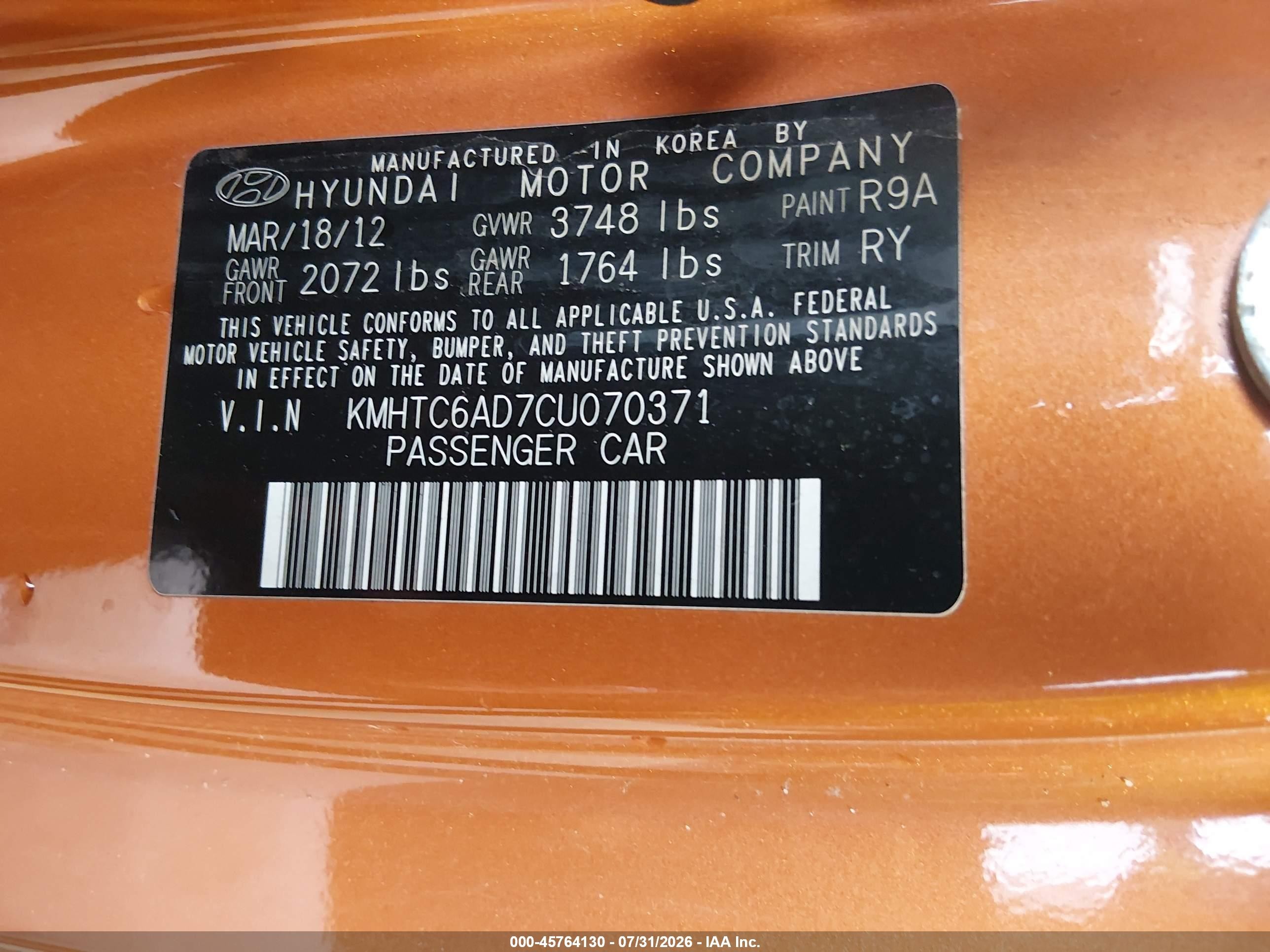 2012 Hyundai Veloster Base W/black Orange vin: KMHTC6AD7CU070371