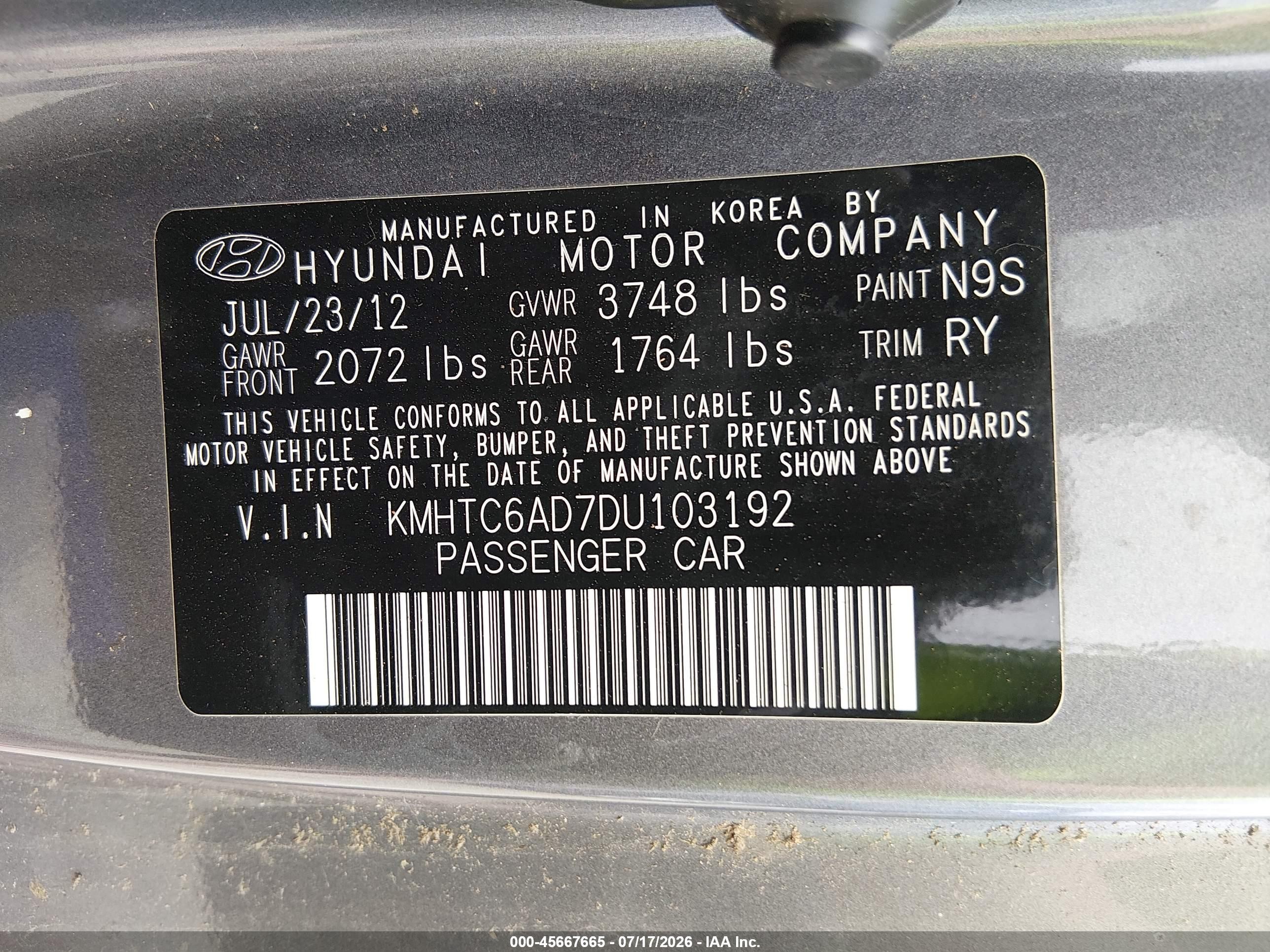 2013 Hyundai Veloster Base W/black Gray vin: KMHTC6AD7DU103192