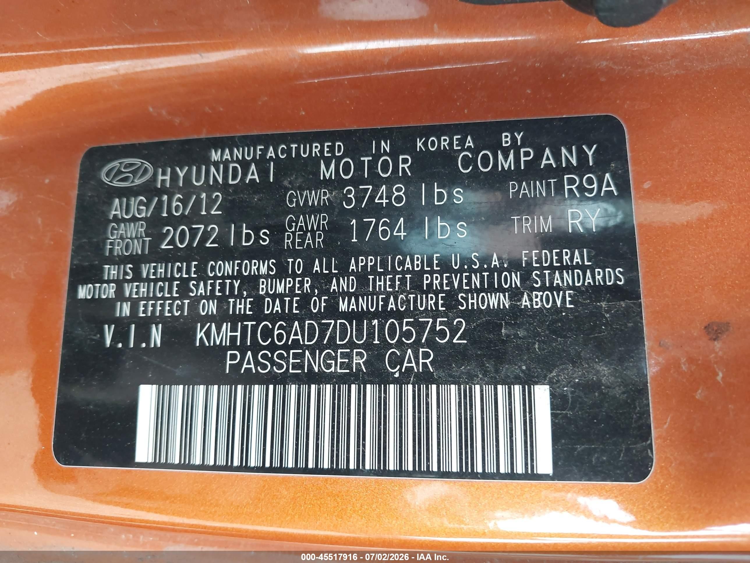 2013 Hyundai Veloster Base W/black Orange vin: KMHTC6AD7DU105752