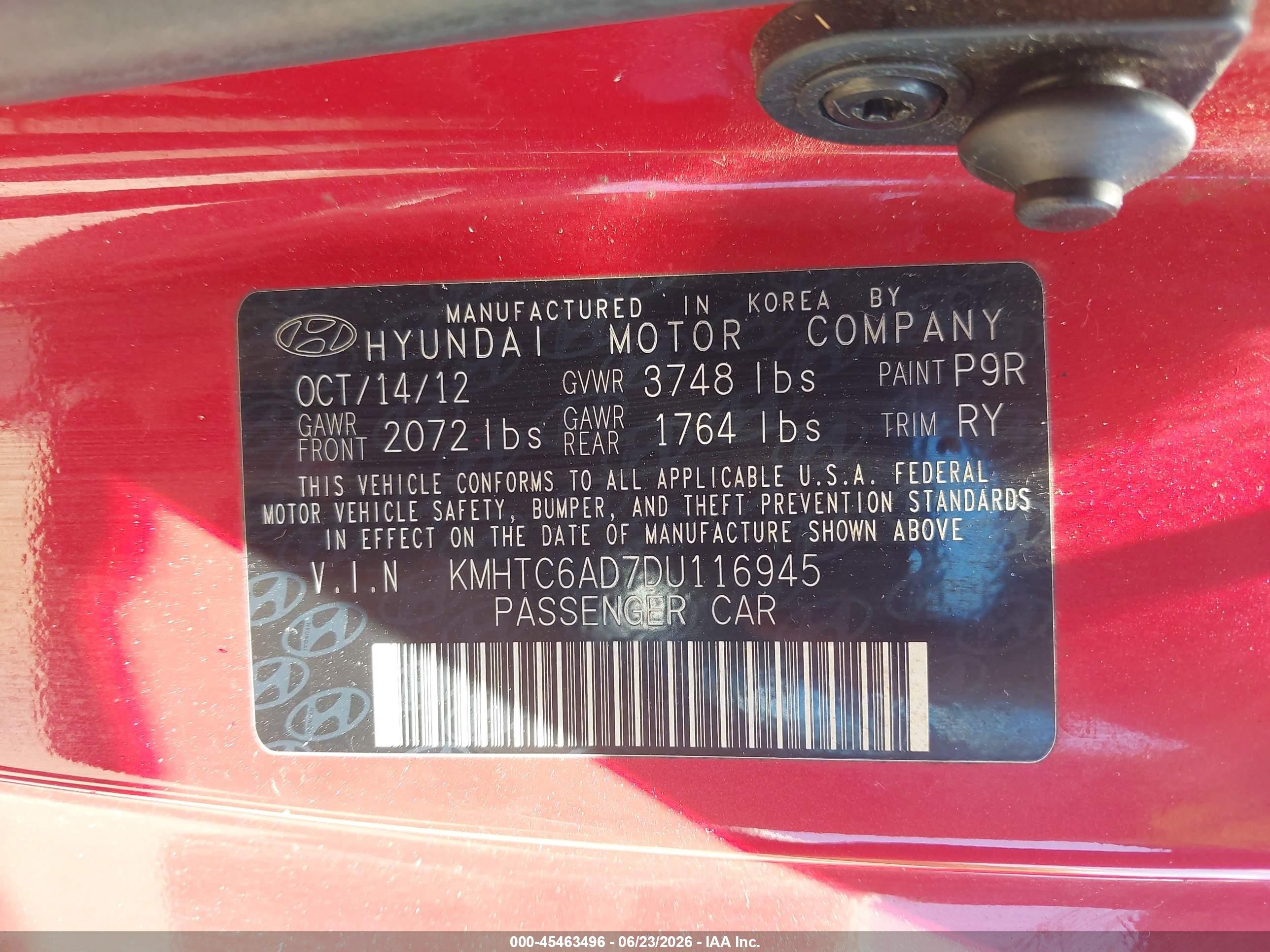 2013 Hyundai Veloster Base W/gray Red vin: KMHTC6AD7DU116945
