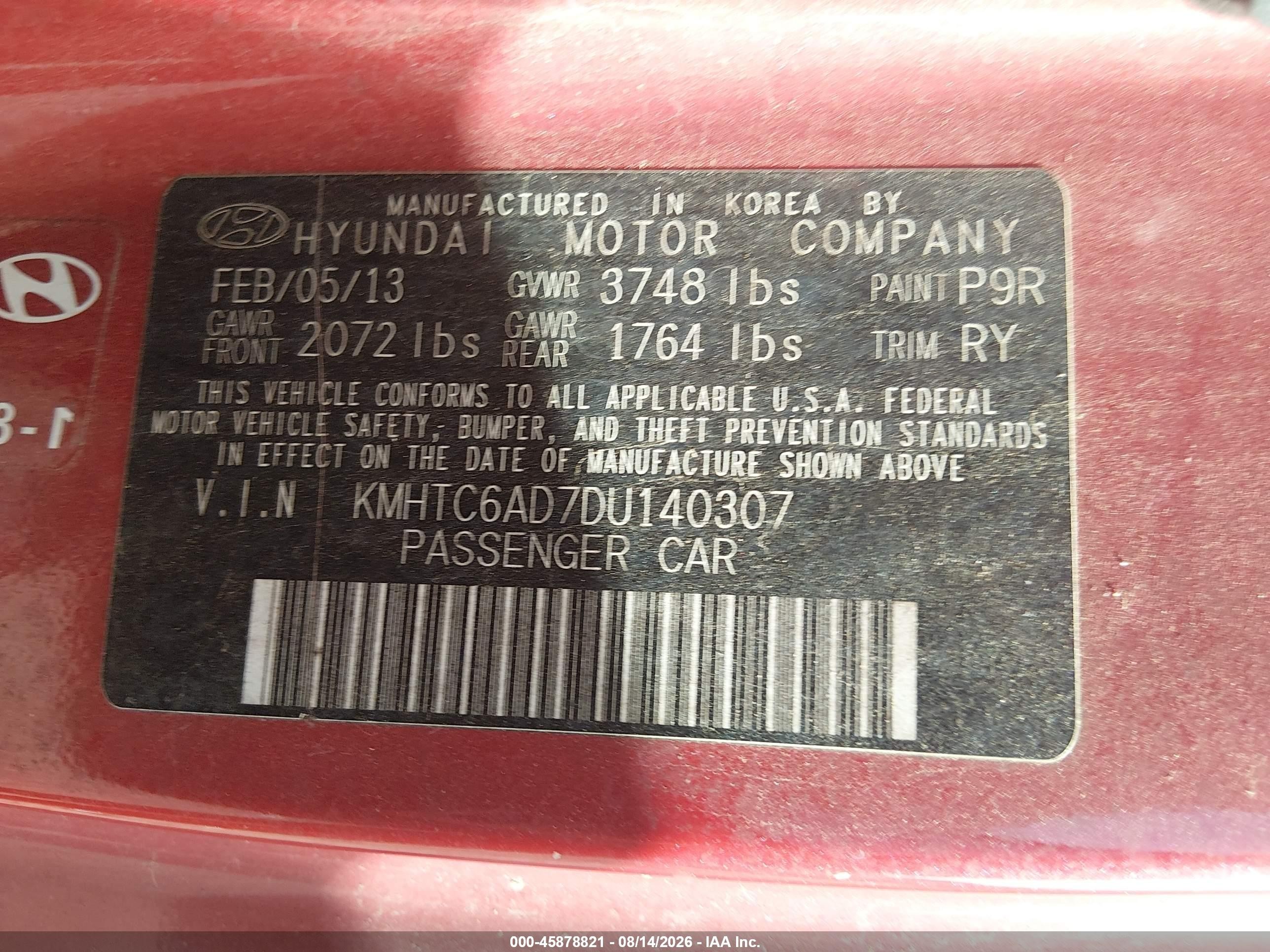 2013 Hyundai Veloster Base W/gray Red vin: KMHTC6AD7DU140307