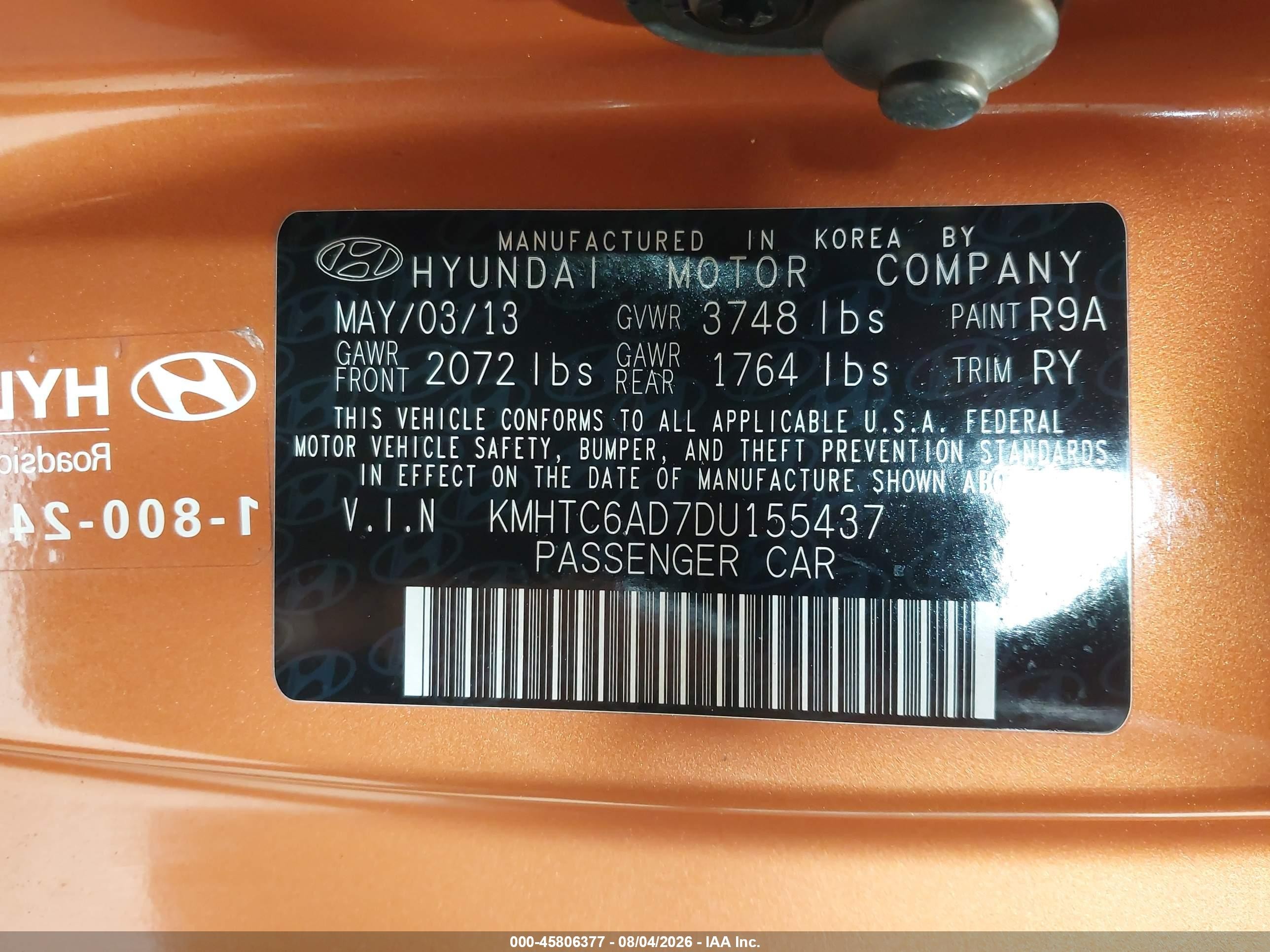 2013 Hyundai Veloster Base W/black Orange vin: KMHTC6AD7DU155437