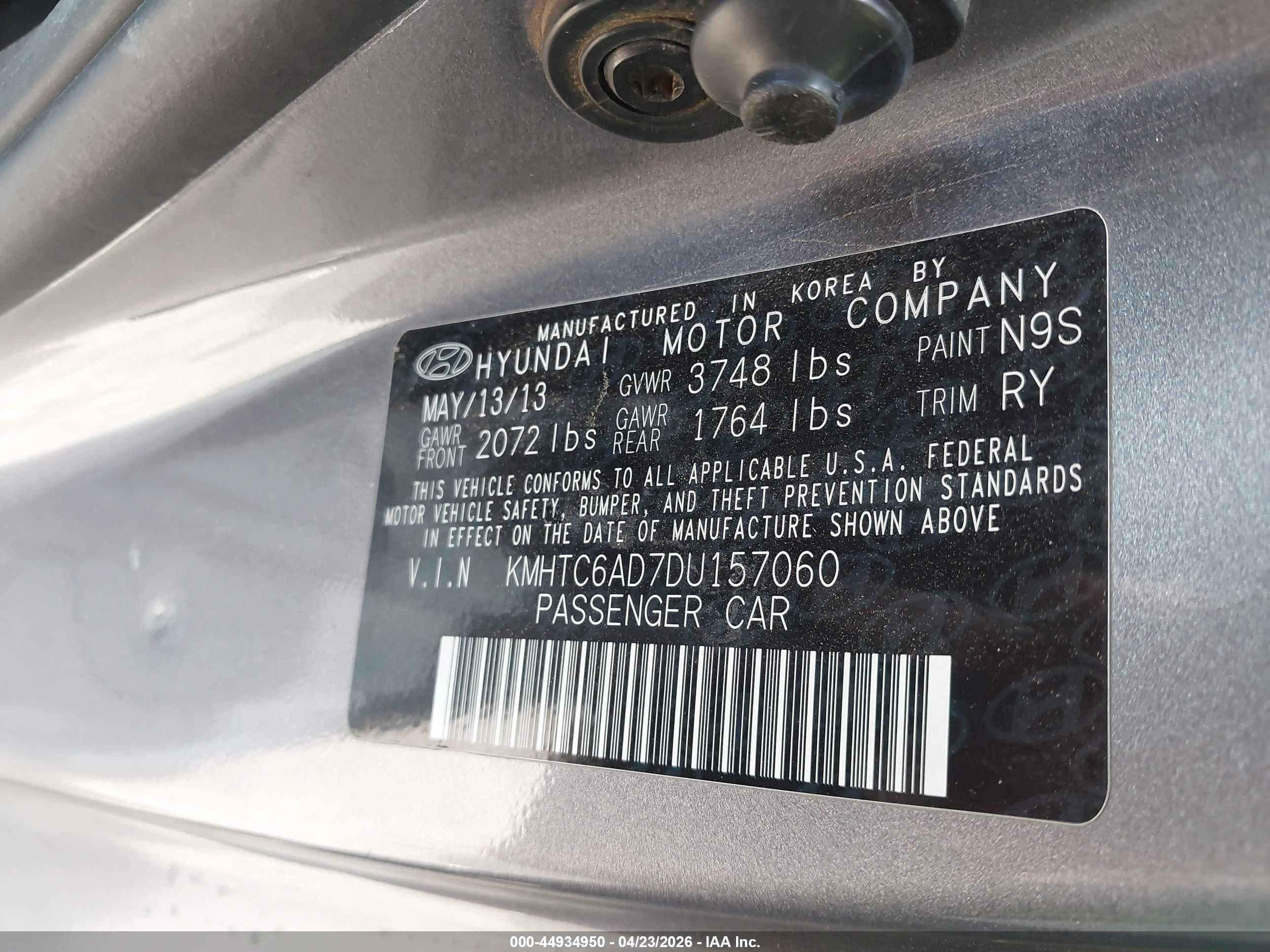 2013 Hyundai Veloster Base W/black Gray vin: KMHTC6AD7DU157060