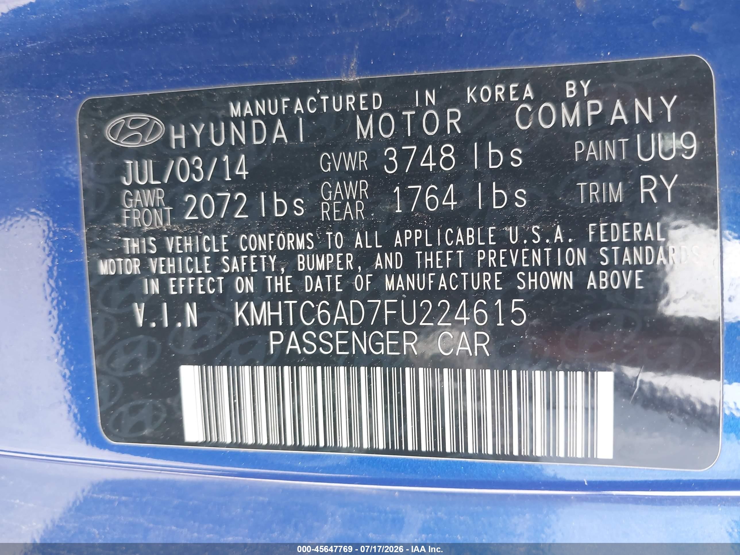 2015 Hyundai Veloster   Blue vin: KMHTC6AD7FU224615