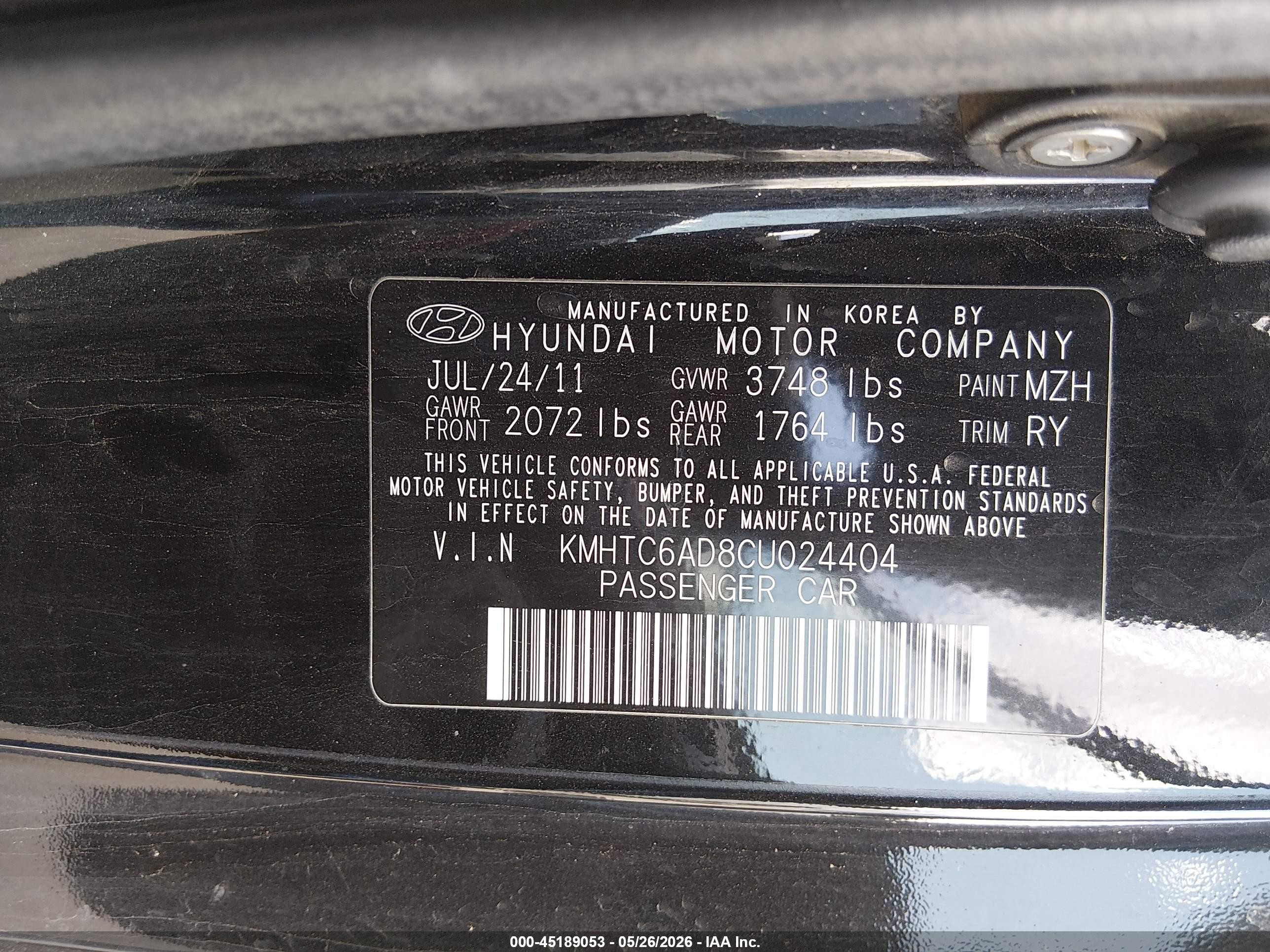 2012 Hyundai Veloster Base W/red/black Черный vin: KMHTC6AD8CU024404