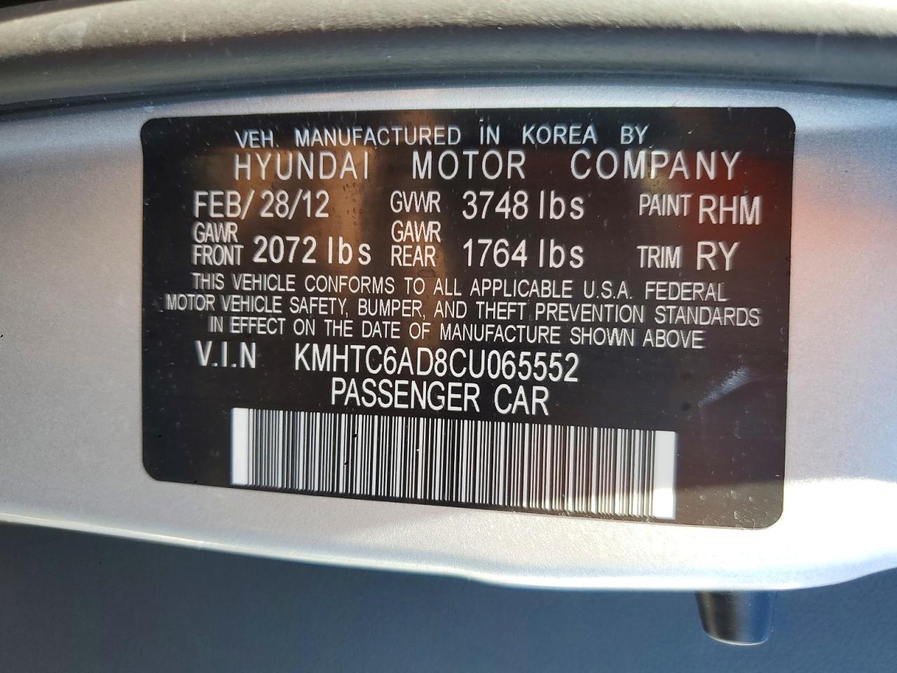 2012 Hyundai Veloster Base Silver vin: KMHTC6AD8CU065552