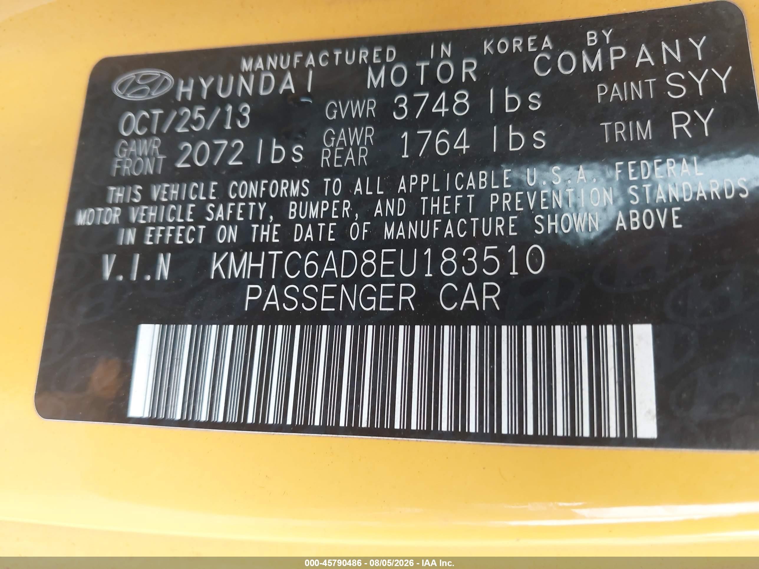 2014 Hyundai Veloster Base W/black Yellow vin: KMHTC6AD8EU183510