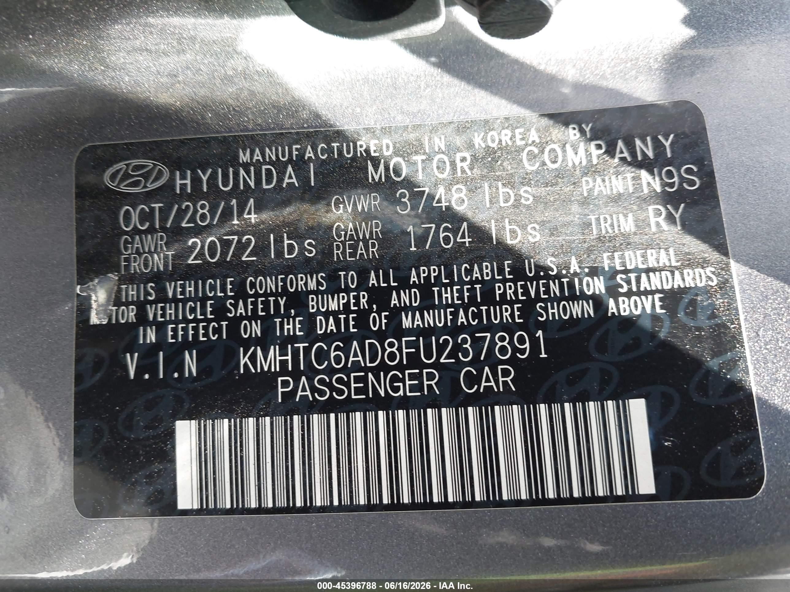2015 Hyundai Veloster   Gray vin: KMHTC6AD8FU237891