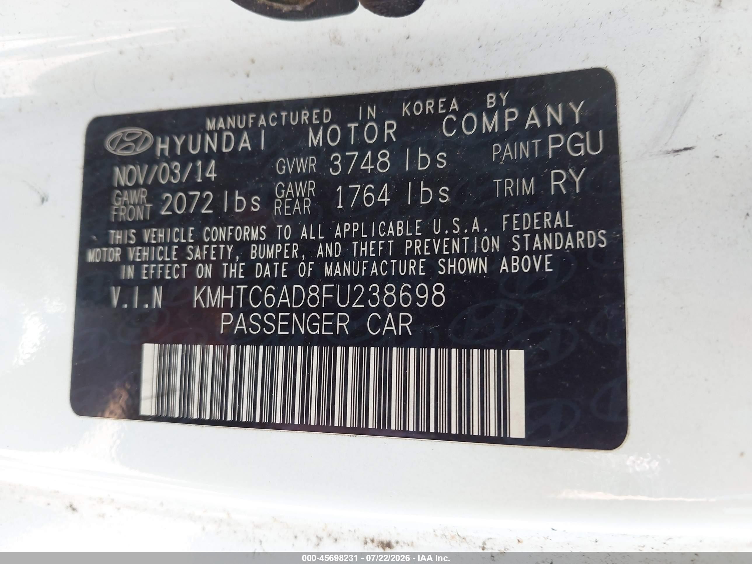 2015 Hyundai Veloster   White vin: KMHTC6AD8FU238698