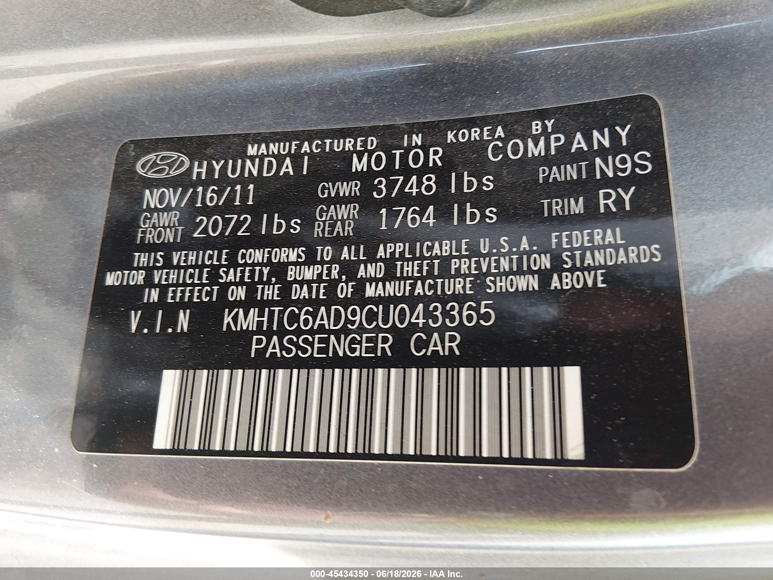 2012 Hyundai Veloster Base W/black Pewter vin: KMHTC6AD9CU043365