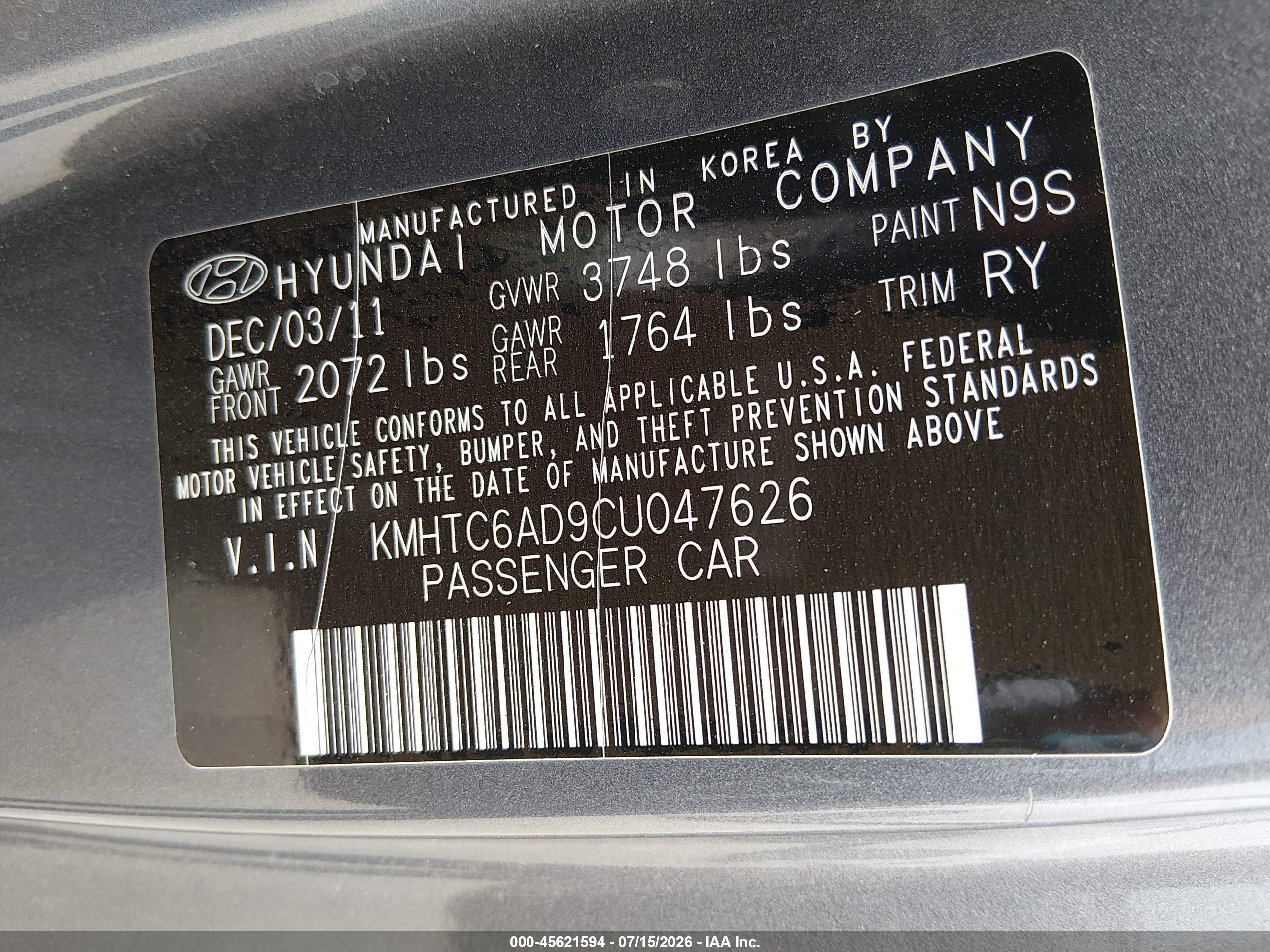2012 Hyundai Veloster Base W/black Gray vin: KMHTC6AD9CU047626