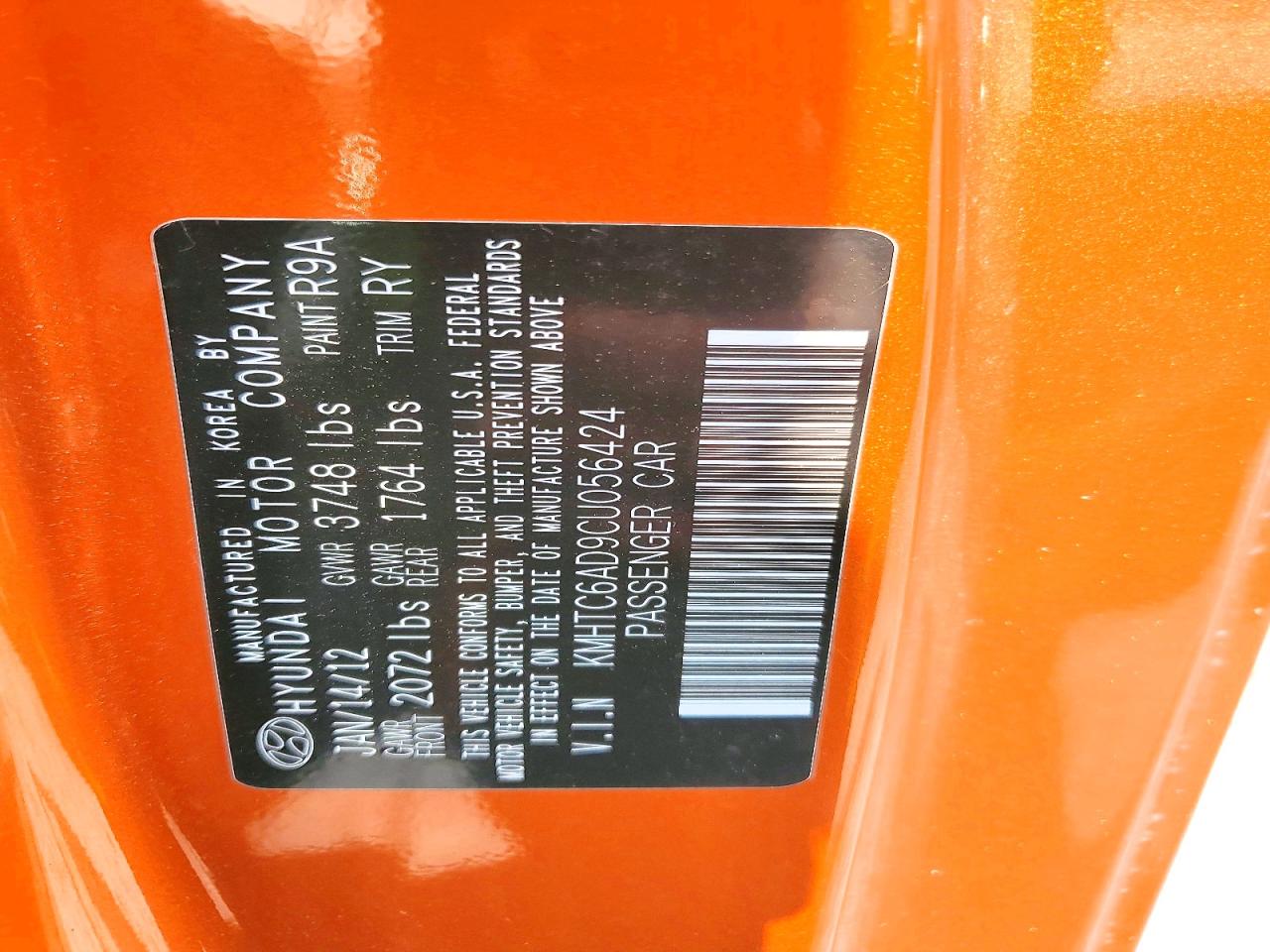 2012 Hyundai Veloster Base Orange vin: KMHTC6AD9CU056424