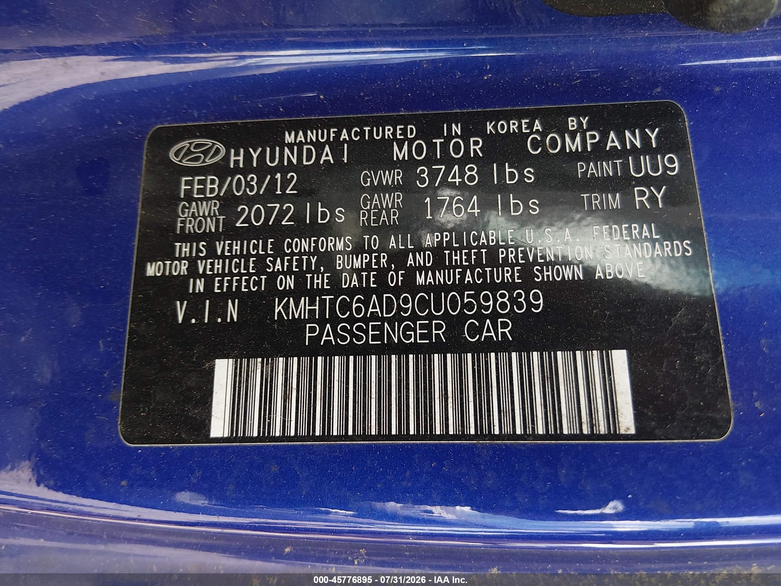2012 Hyundai Veloster Base W/gray Blue vin: KMHTC6AD9CU059839