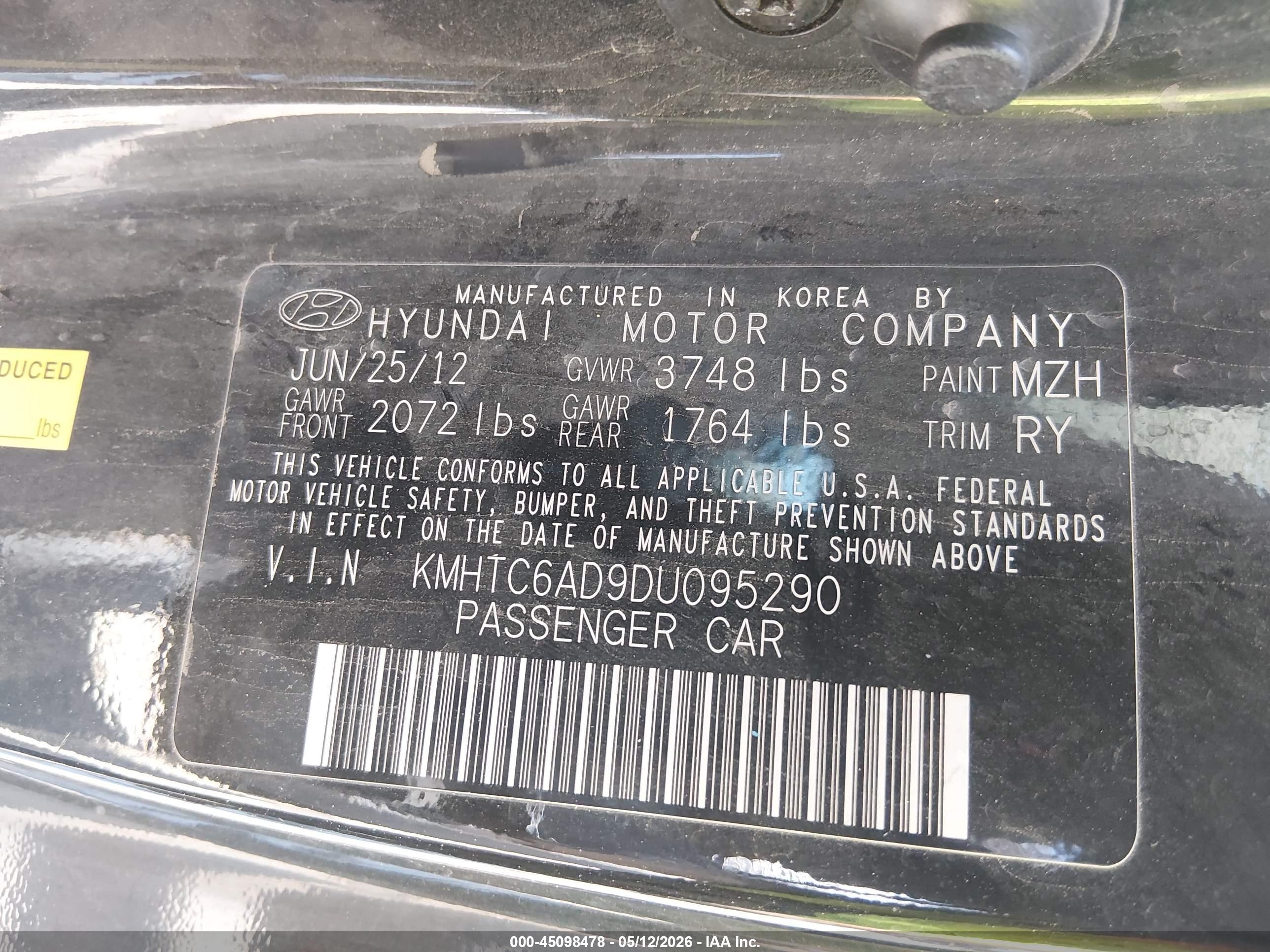 2013 Hyundai Veloster Base W/gray Black vin: KMHTC6AD9DU095290