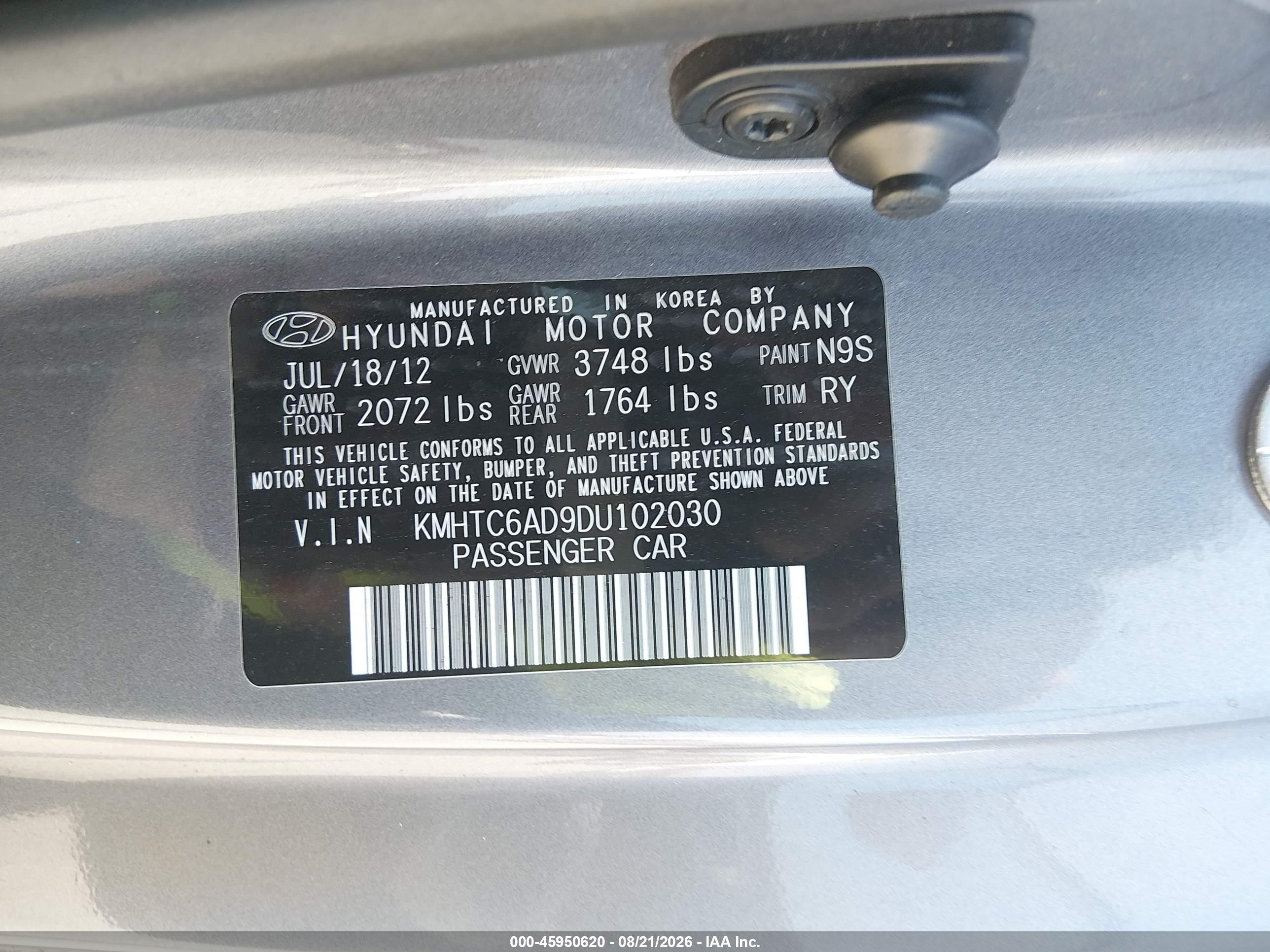 2013 Hyundai Veloster Base W/black Gray vin: KMHTC6AD9DU102030