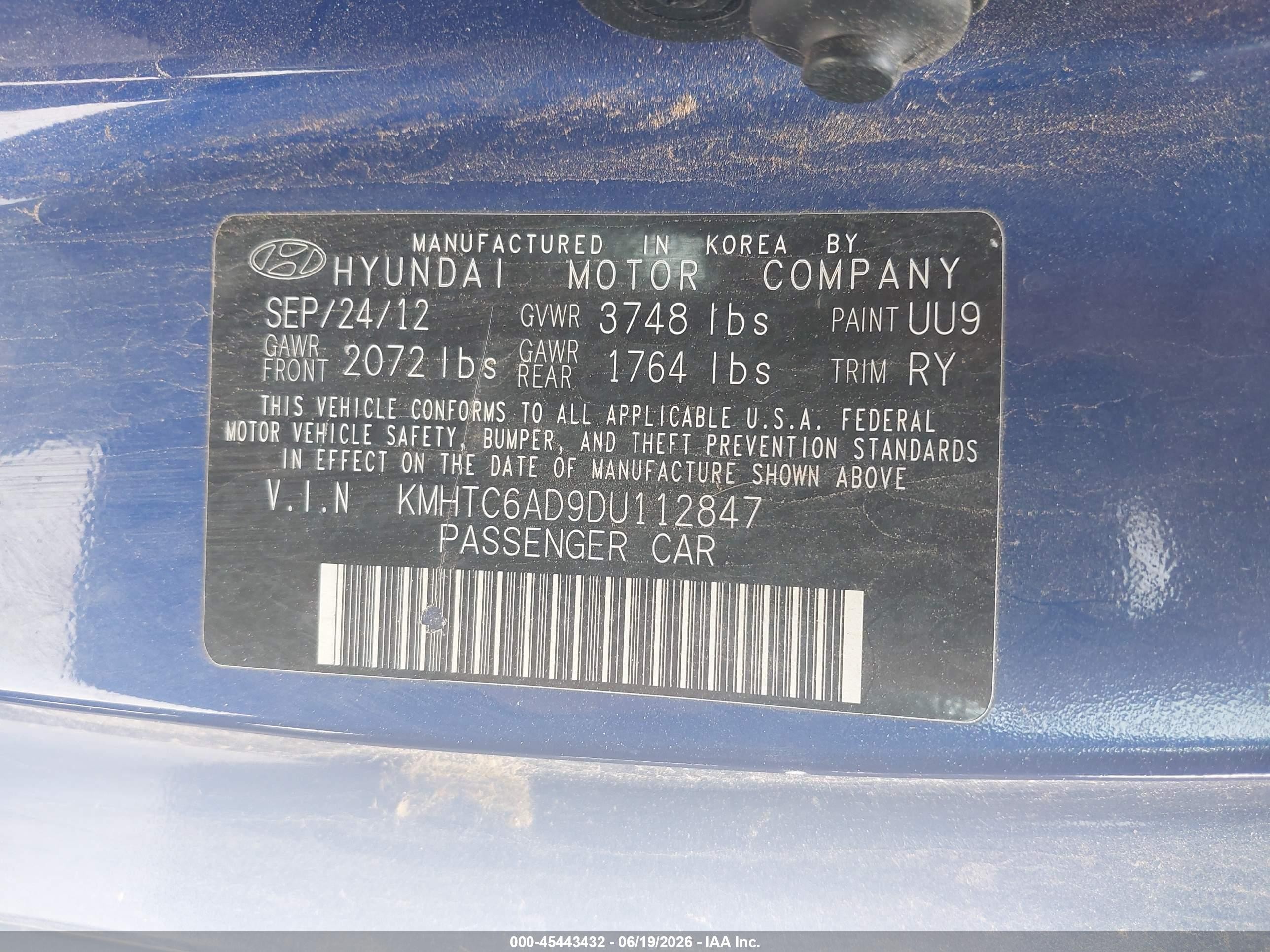 2013 Hyundai Veloster Base W/black Blue vin: KMHTC6AD9DU112847