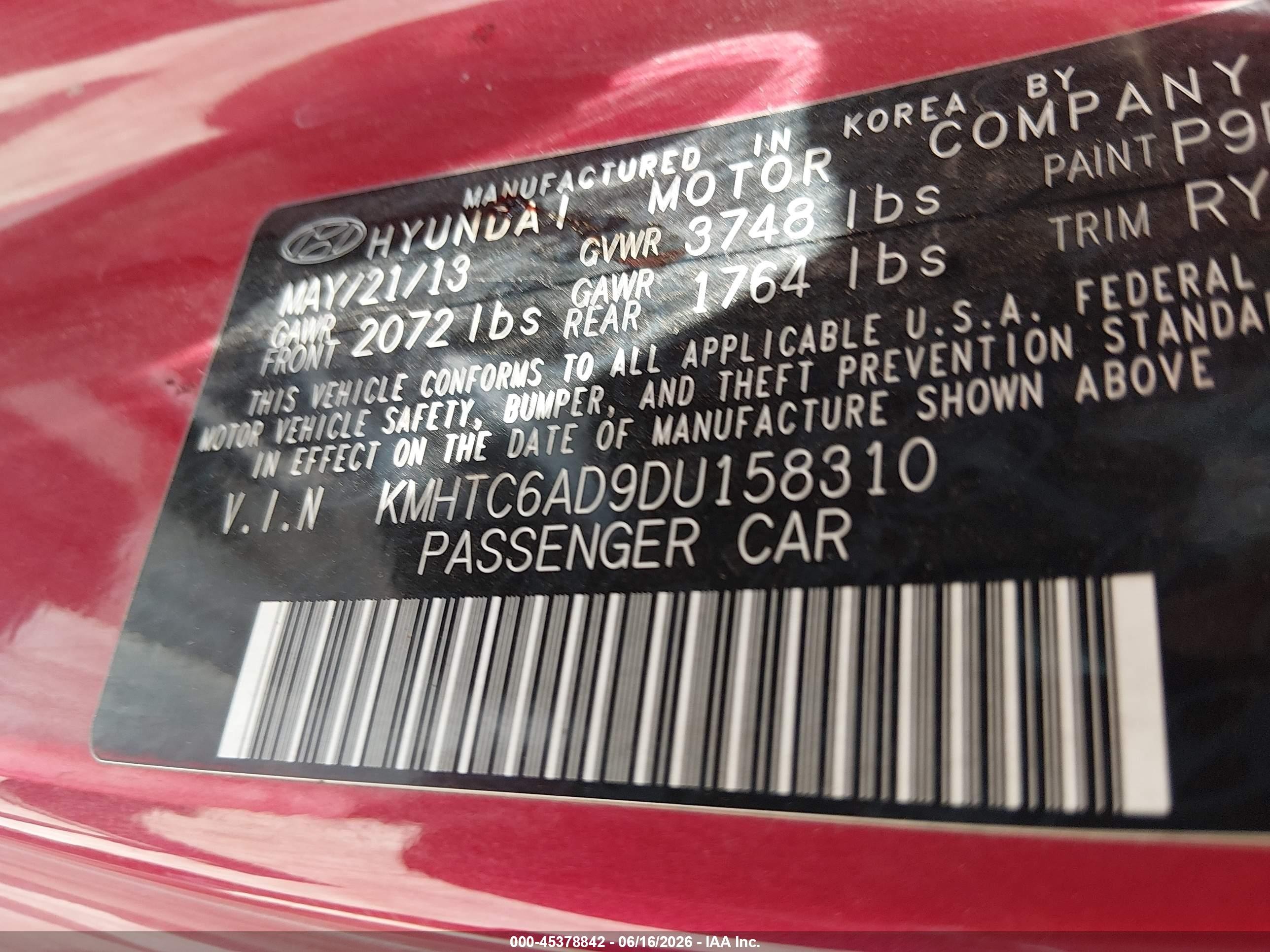 2013 Hyundai Veloster Base W/black Red vin: KMHTC6AD9DU158310