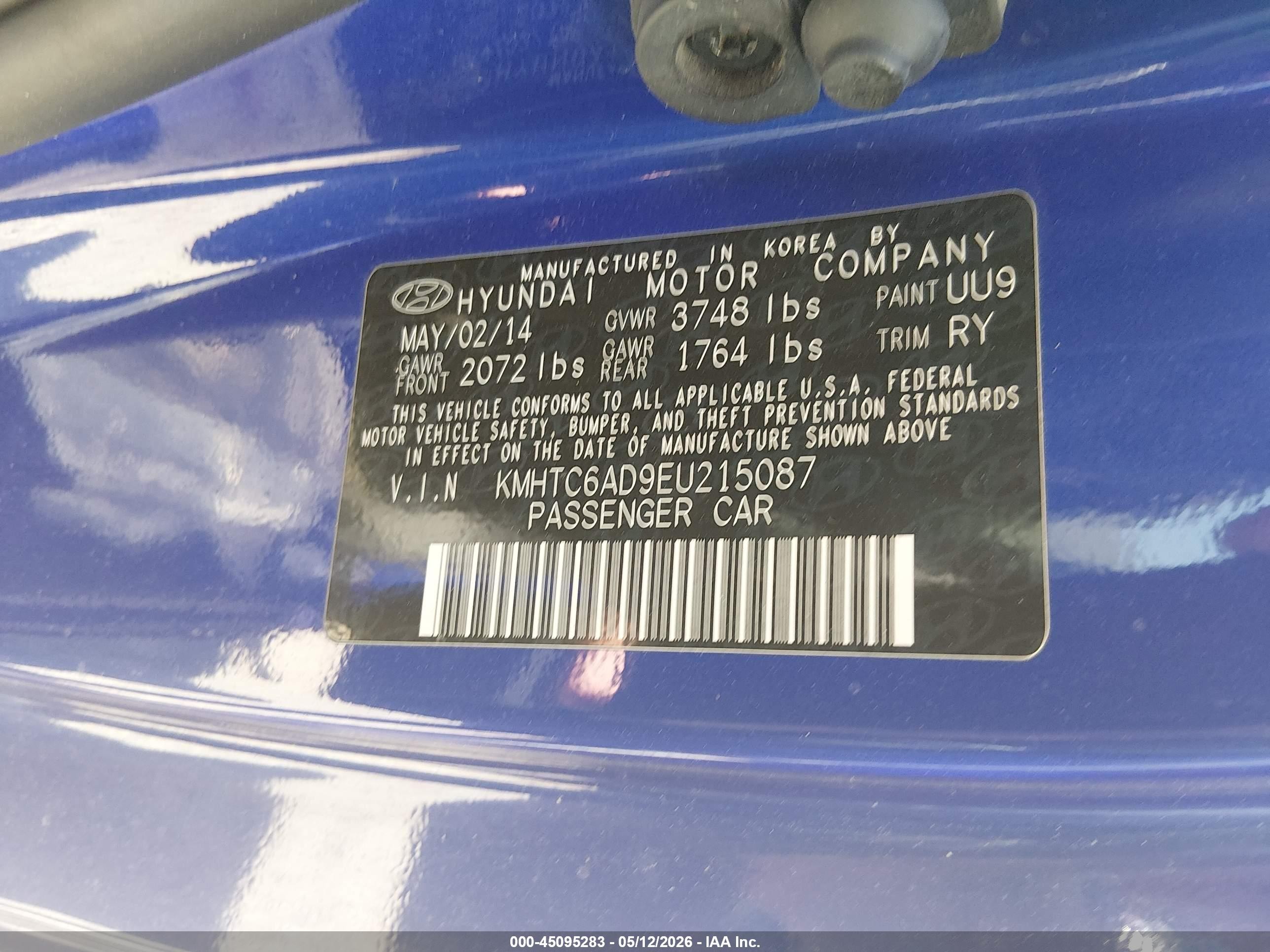 2014 Hyundai Veloster Base W/black Blue vin: KMHTC6AD9EU215087