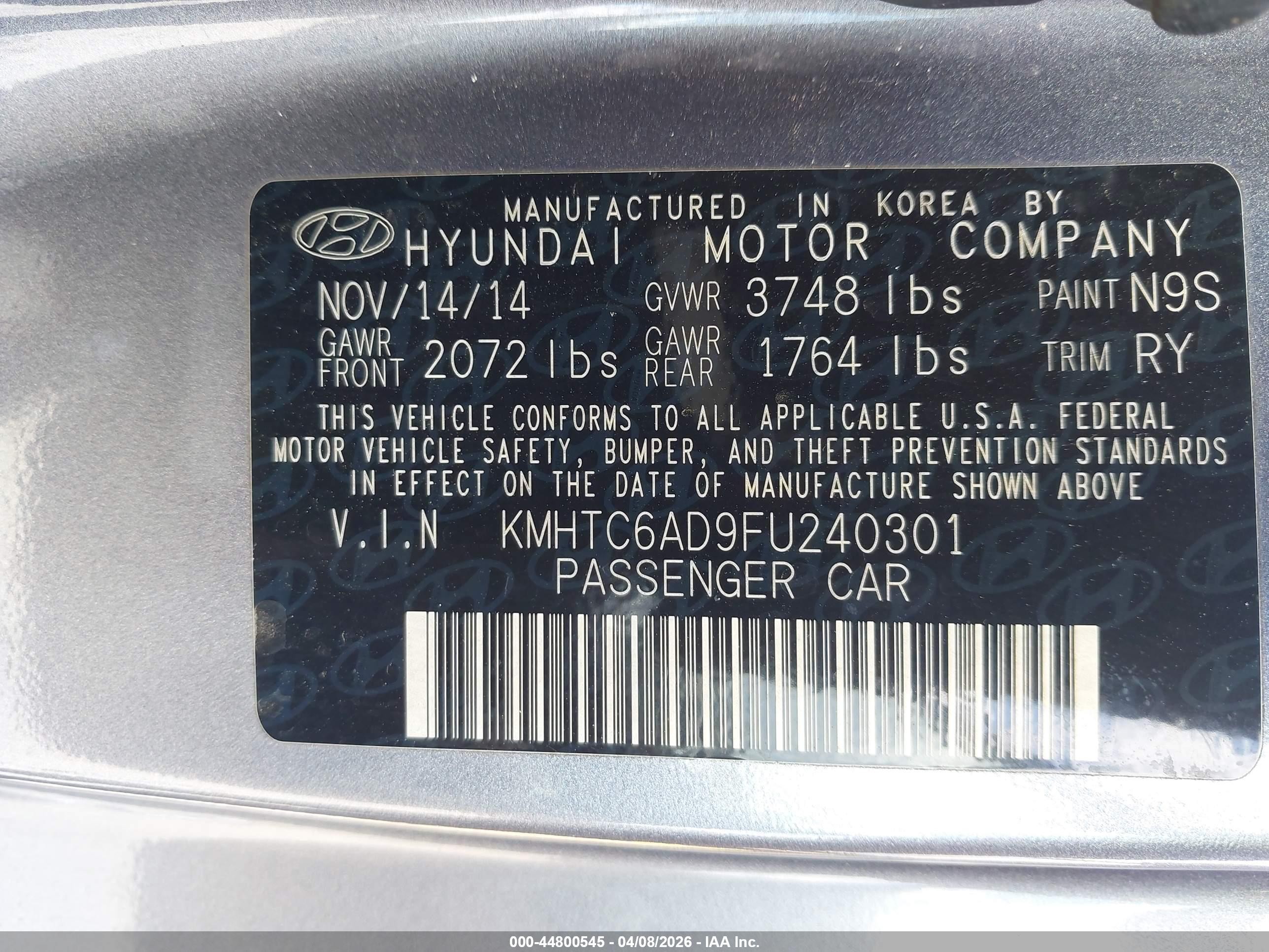 2015 Hyundai Veloster   Gray vin: KMHTC6AD9FU240301