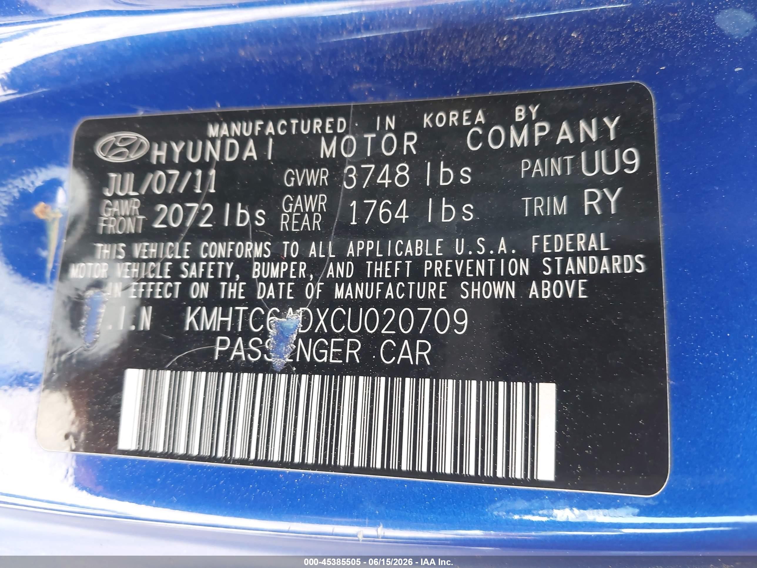 2012 Hyundai Veloster Base W/black Blue vin: KMHTC6ADXCU020709