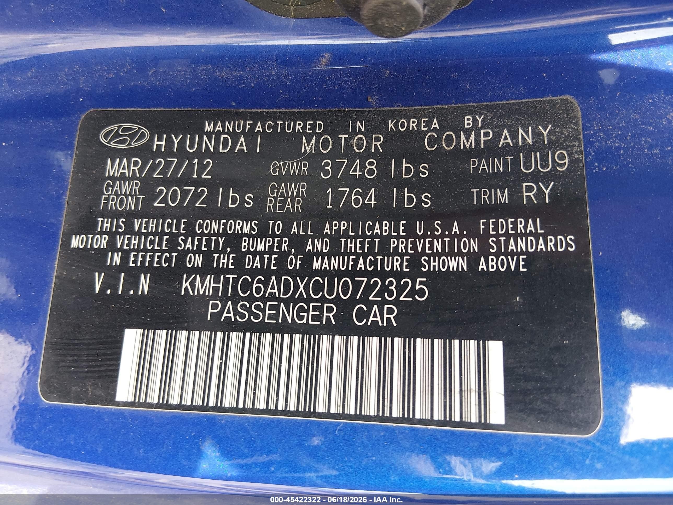 2012 Hyundai Veloster Base W/black Blue vin: KMHTC6ADXCU072325